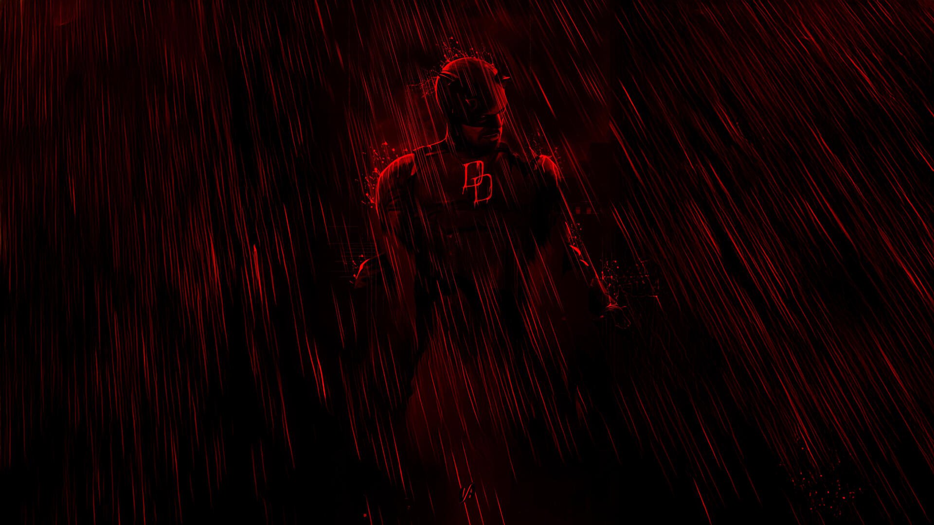Daredevil: Born Again 5K Ultra HD PC desktop wallpaper — red-lit silhouette of Daredevil in the rain with a glowing DD emblem on his chest.