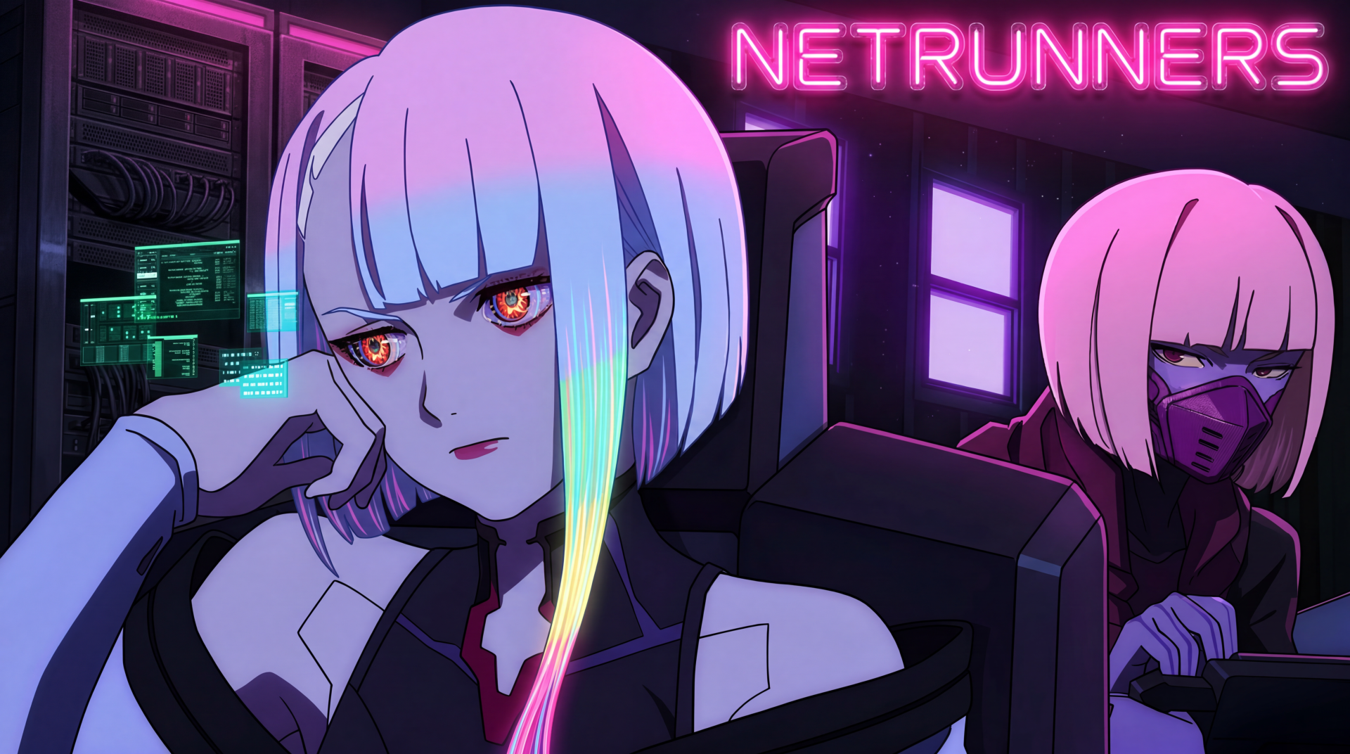 5K Ultra HD PC desktop wallpaper background: Cyberpunk: Edgerunners — Lucy and Kiwi as neon-lit anime hacker girls in a dark netrunner cockpit, glowing eyes and holographic cityscapes.