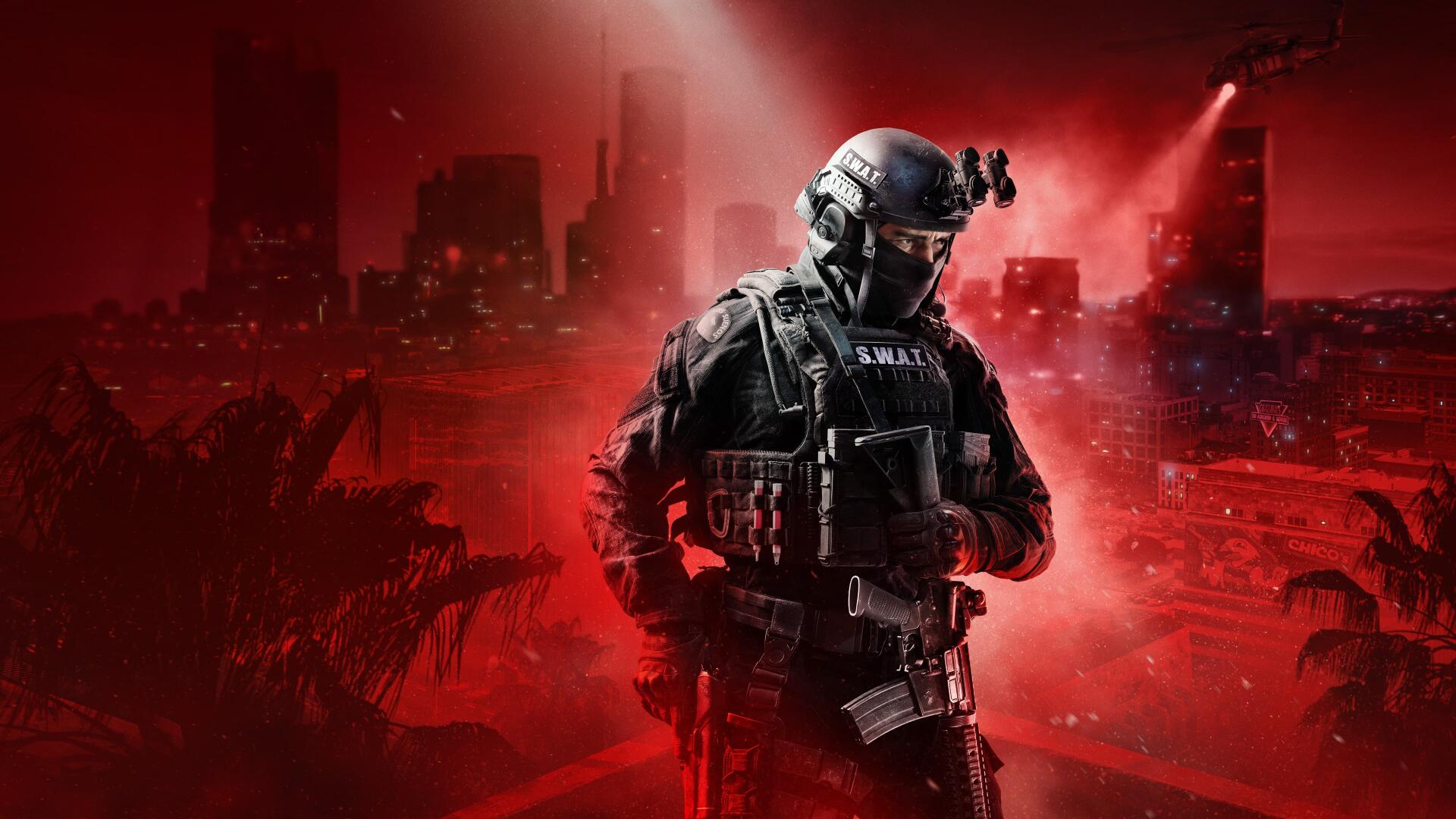 4K Ultra HD PC desktop wallpaper of a Ready or Not video game soldier in tactical gear, backlit by a red urban skyline and city lights.