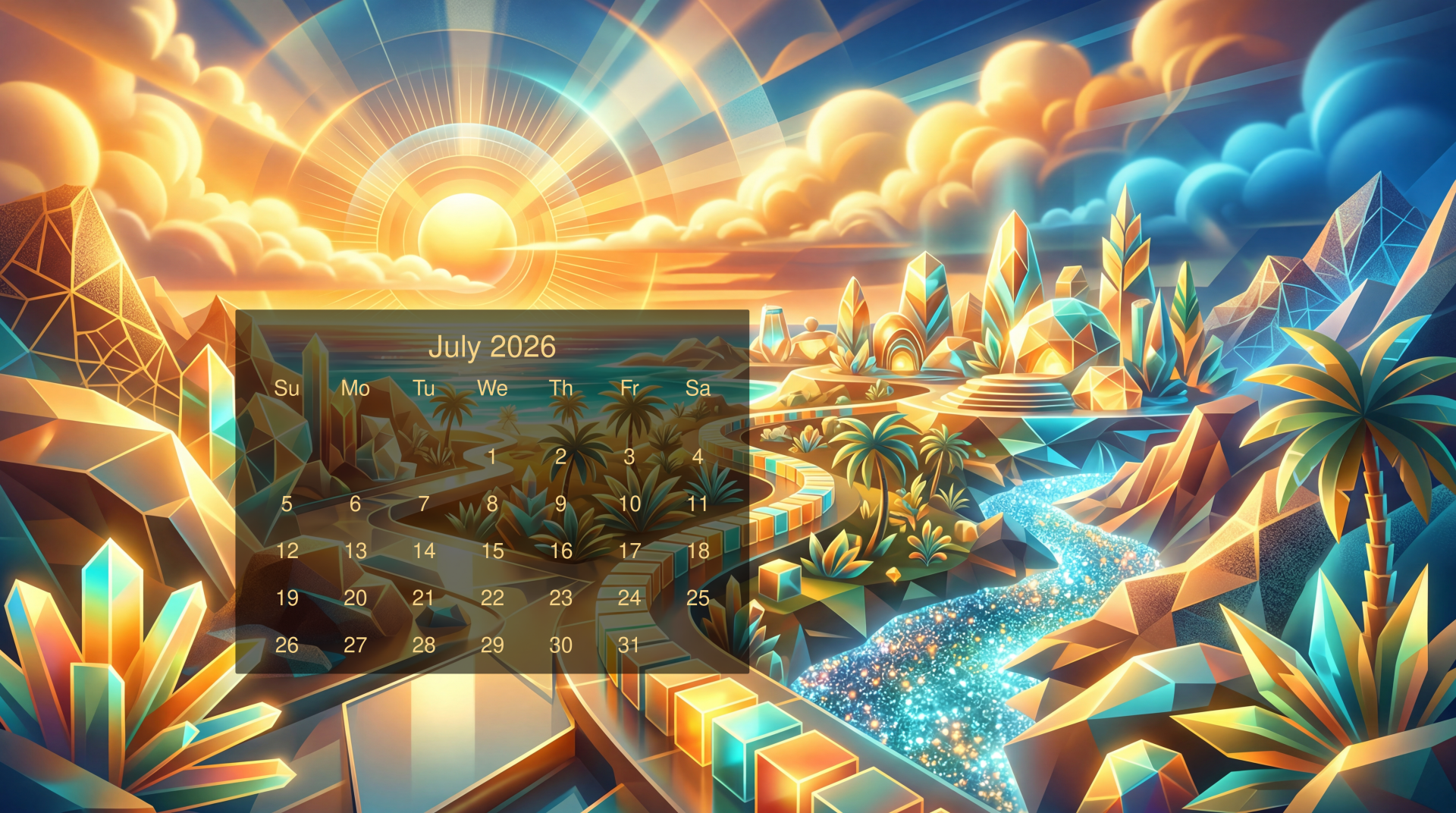 July 2026 calendar overlaying a vibrant 5K Ultra HD PC desktop wallpaper: geometric crystalline sunrise over palm trees and a sparkling river winding through faceted mountains.