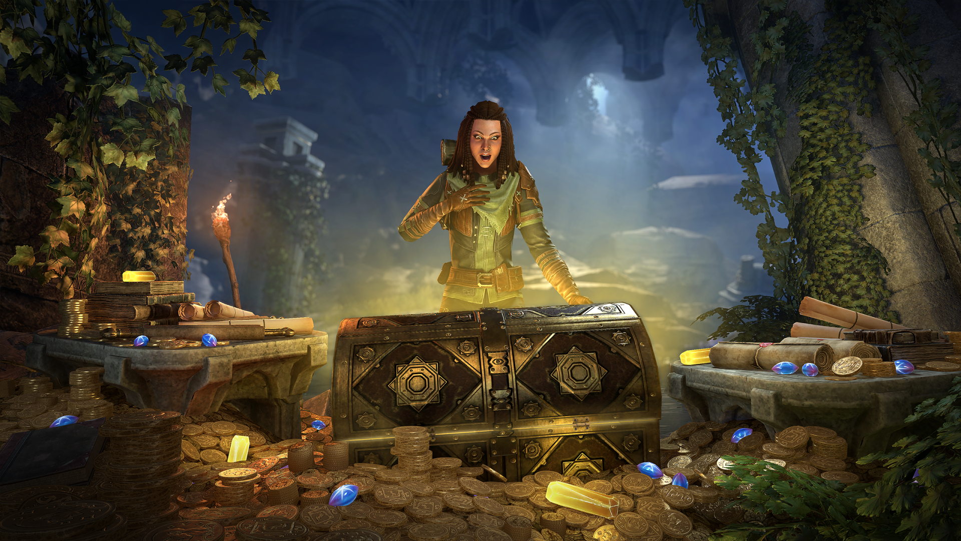 2K Quad HD PC desktop wallpaper/background from the video game The Elder Scrolls Online: a robed adventurer opens a glowing treasure chest overflowing with gold and gems in a candlelit ruin.