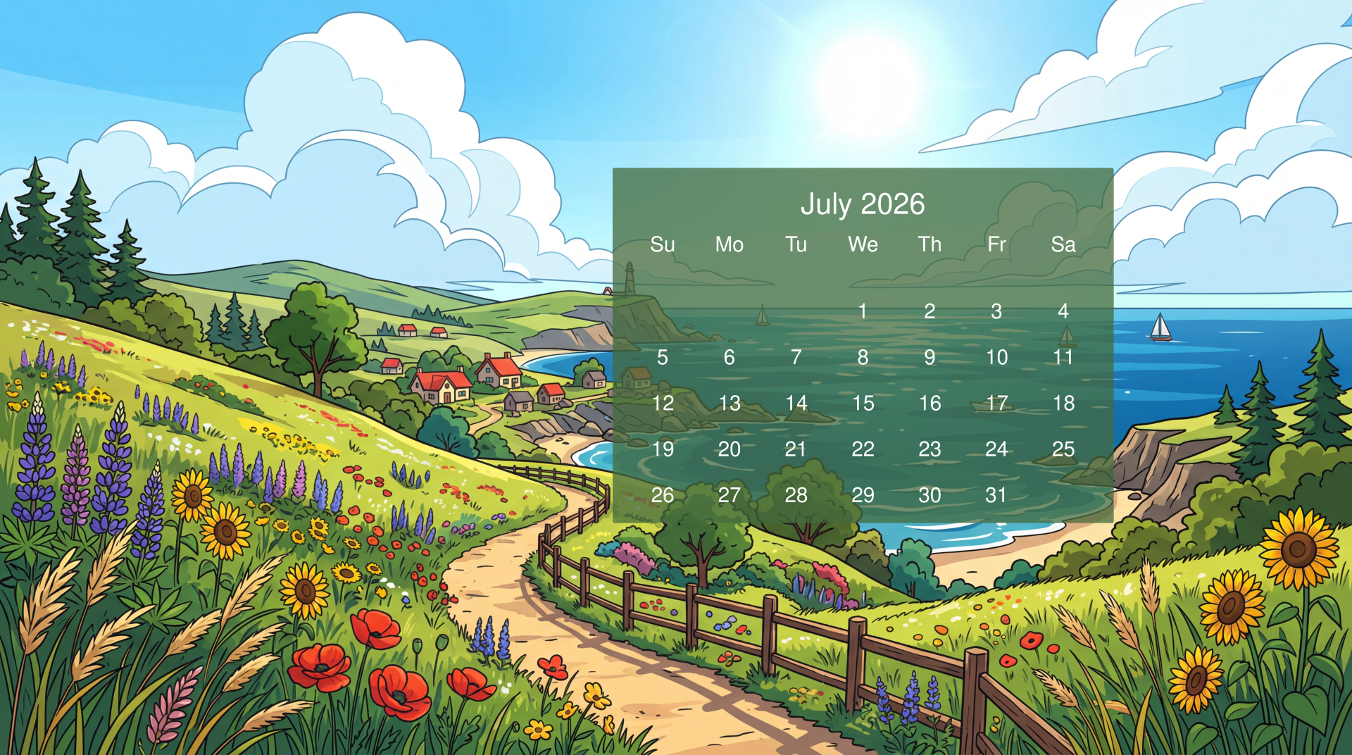 5K Ultra HD PC desktop wallpaper and background: colorful coastal countryside with wildflowers, winding dirt path and sea; translucent July 2026 calendar centered.