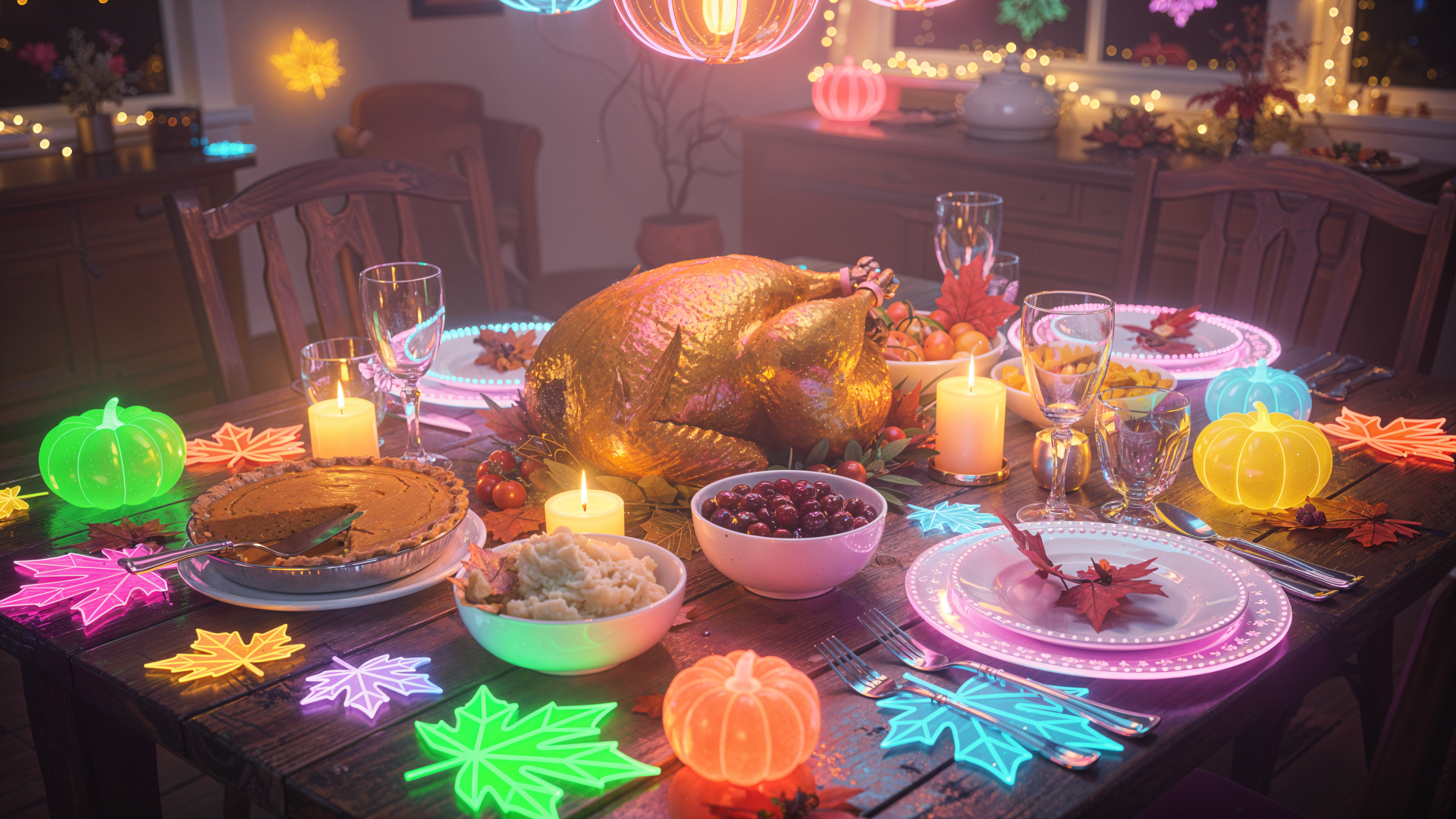 Aesthetic Thanksgiving table with golden roast turkey, pie, candles and colorful neon leaf lights — 4K Ultra HD PC desktop wallpaper/background evoking warm, cozy holiday ambiance.