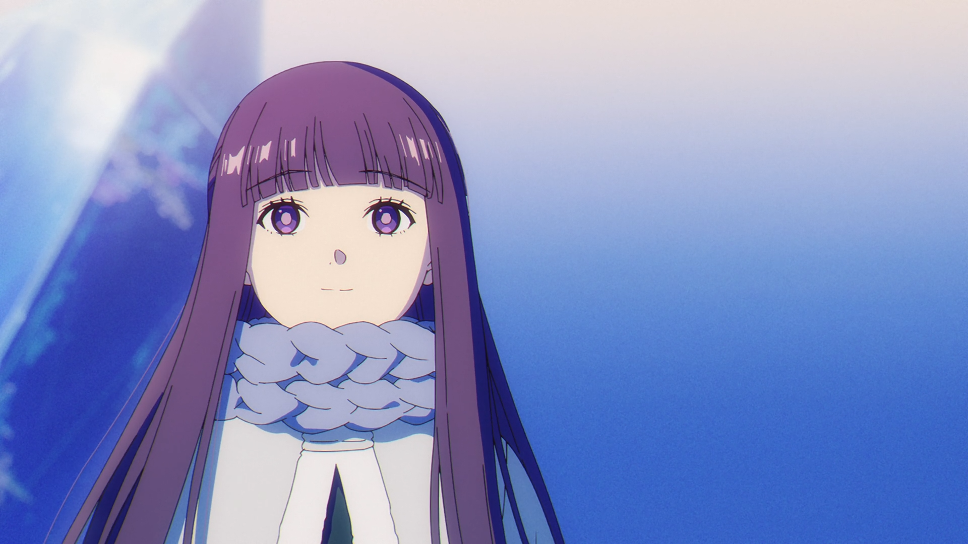 HD PC desktop wallpaper of Fern from Frieren: Beyond Journey's End — anime close-up with long purple hair, violet eyes and a chunky braided scarf against a soft blue sky background.