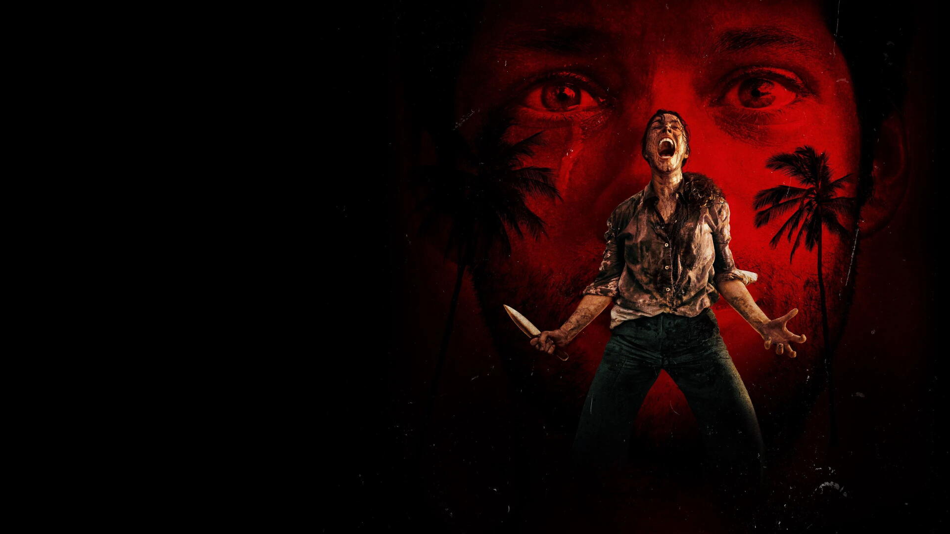 Send Help 4K Ultra HD PC desktop wallpaper and background: a screaming person clutching a knife before a looming red face and silhouetted palm trees, tense horror atmosphere.