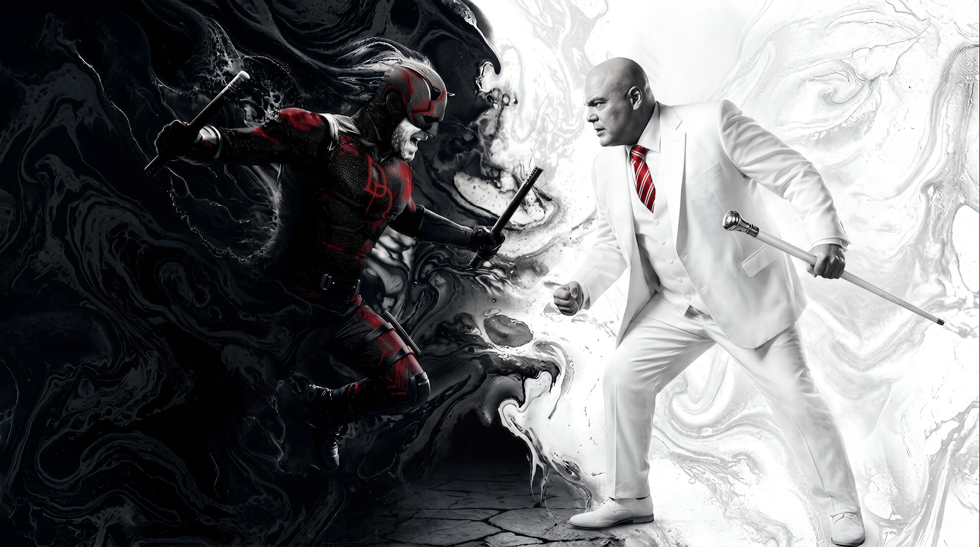 Daredevil: Born Again 2K Quad HD PC wallpaper — red-clad Daredevil faces a white-suited adversary amid swirling black-and-white smoke, both poised to strike.