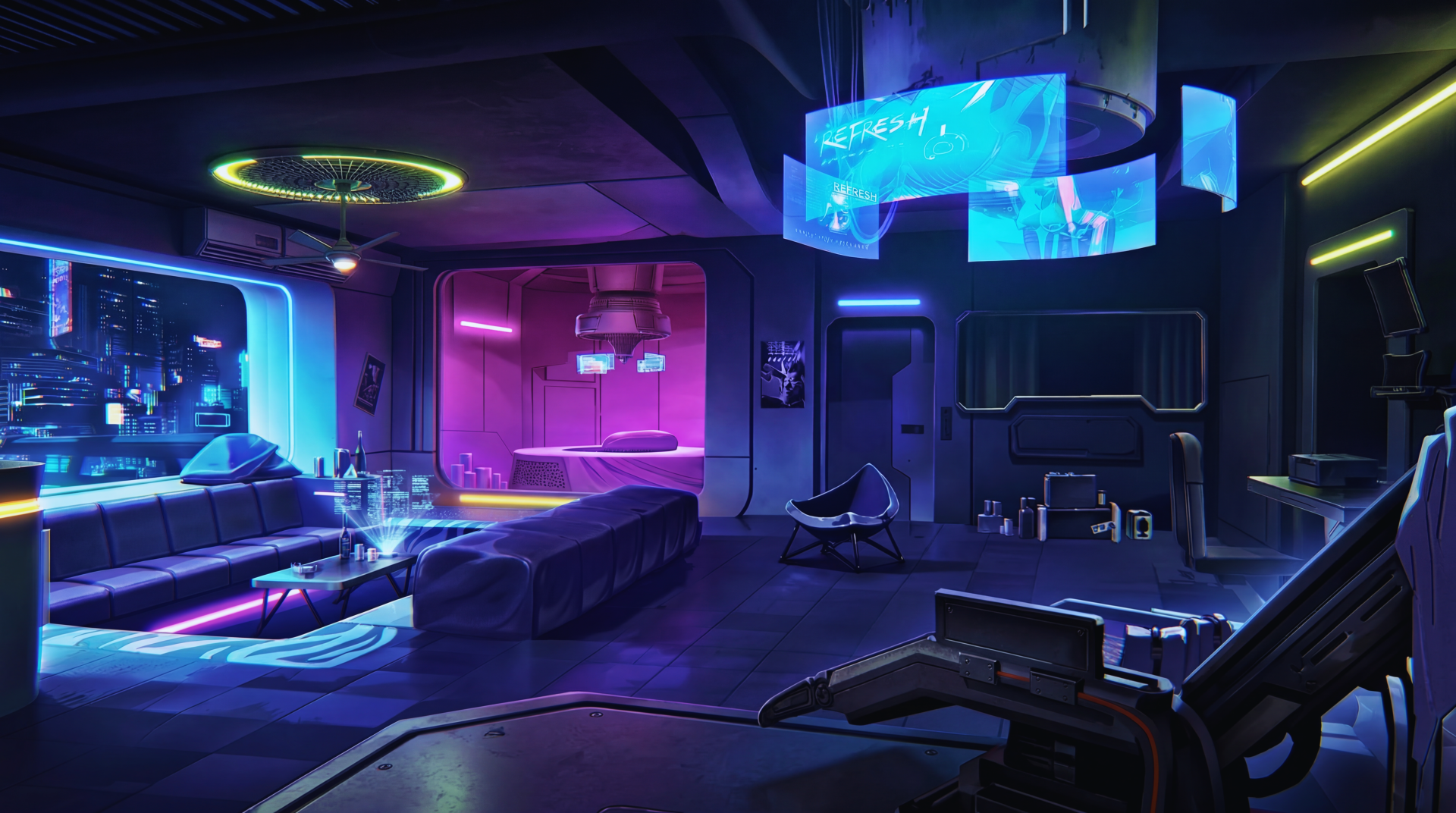 Cyberpunk: Edgerunners–style neon futuristic anime aesthetic room with holographic displays, blue-magenta glow and sleek furniture — 5K Ultra HD PC desktop wallpaper/background.