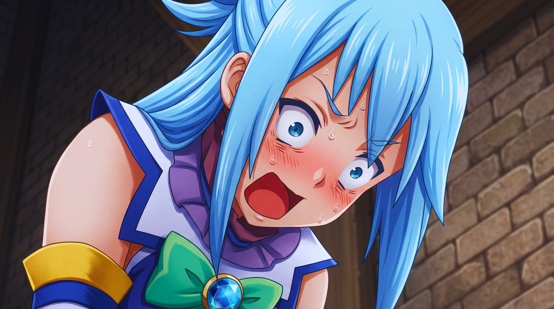 Aqua from KonoSuba, blushing with wide eyes and open mouth in a comedic anime girl reaction — 5K Ultra HD PC desktop wallpaper/background.