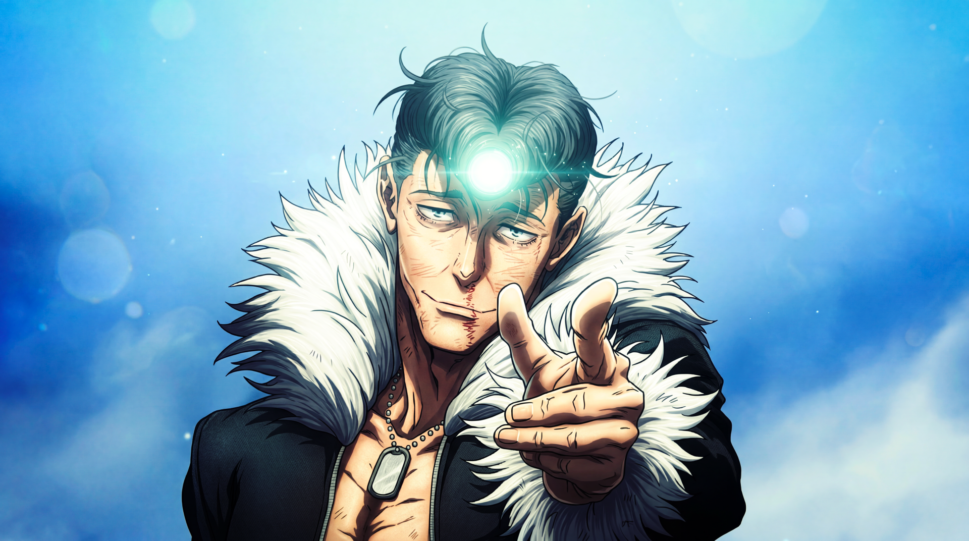 Jujutsu Kaisen 3rd Season 5K Ultra HD PC wallpaper: Ryu Ishigori with pompadour, fur-collared coat pointing at viewer against bright blue bokeh background.