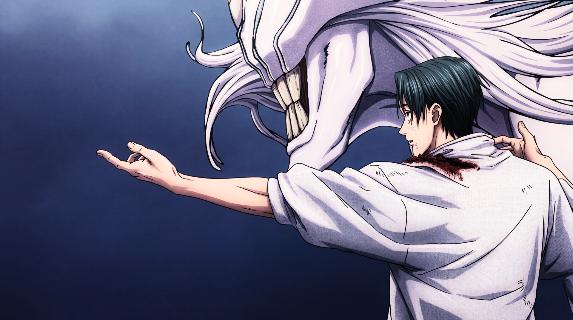 Jujutsu Kaisen 3rd Season: Yuta Okkotsu with Rika looming behind him, wounded shoulder against a dark blue backdrop — 5K Ultra HD PC desktop anime sorcerer wallpaper.