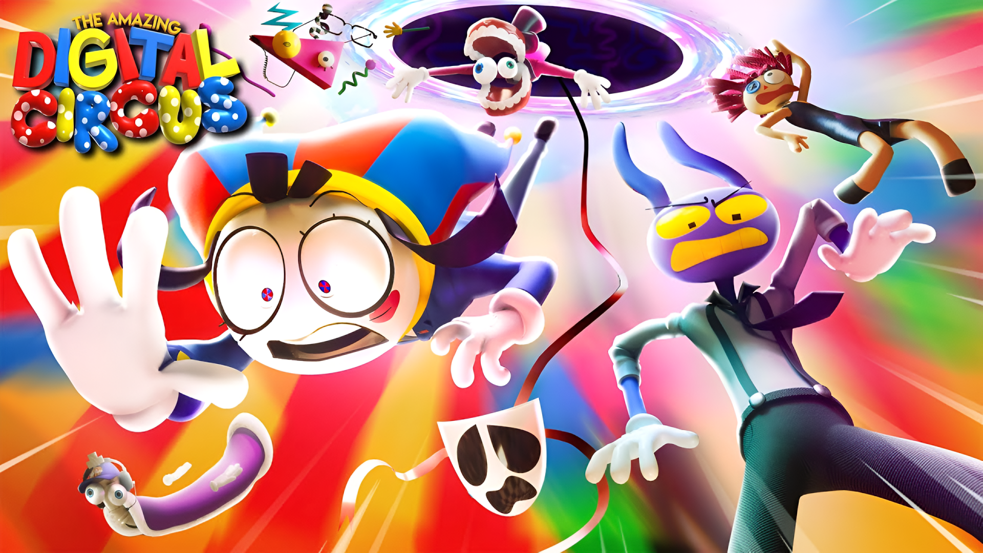Vibrant 2K Quad HD PC wallpaper from TV show The Amazing Digital Circus, showing Pomni, Caine (TADG) and Jax (TADG) tumbling through a colorful, chaotic digital void.