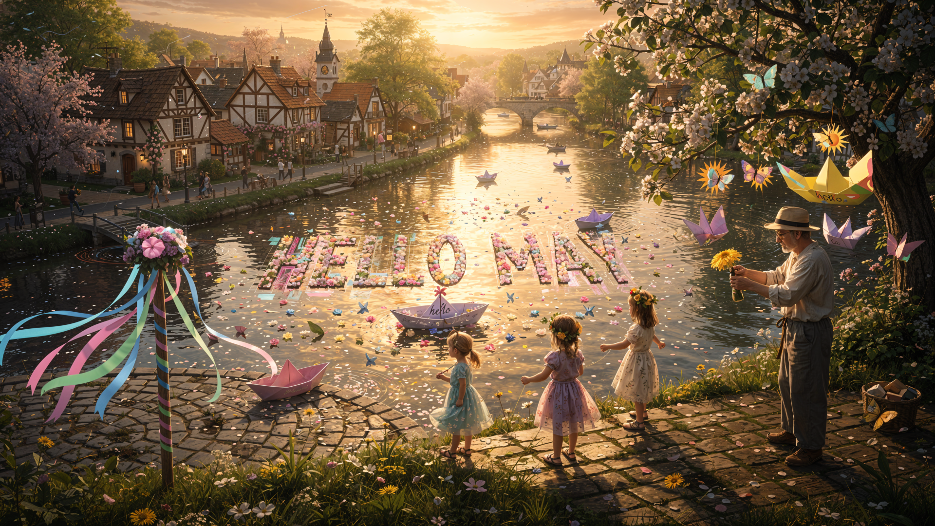 4K Ultra HD PC desktop wallpaper: sunlit riverside village at golden hour, children launching paper boats that spell HELLO MAY on the water, cherry blossoms and festive ribbons.