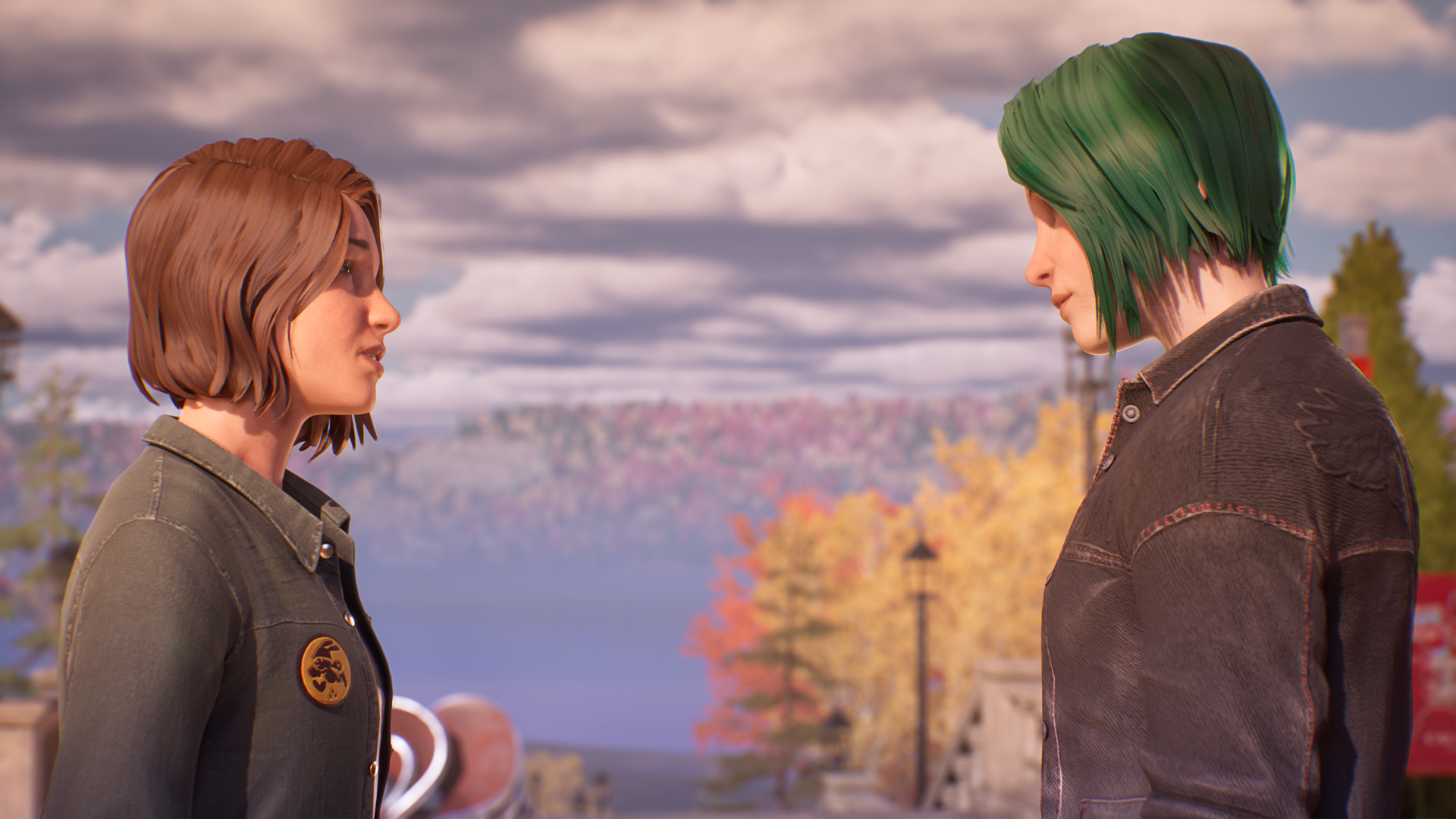 Video game Life is Strange: Reunion 4K Ultra HD PC desktop wallpaper showing two characters facing each other on an autumn waterfront overlook.