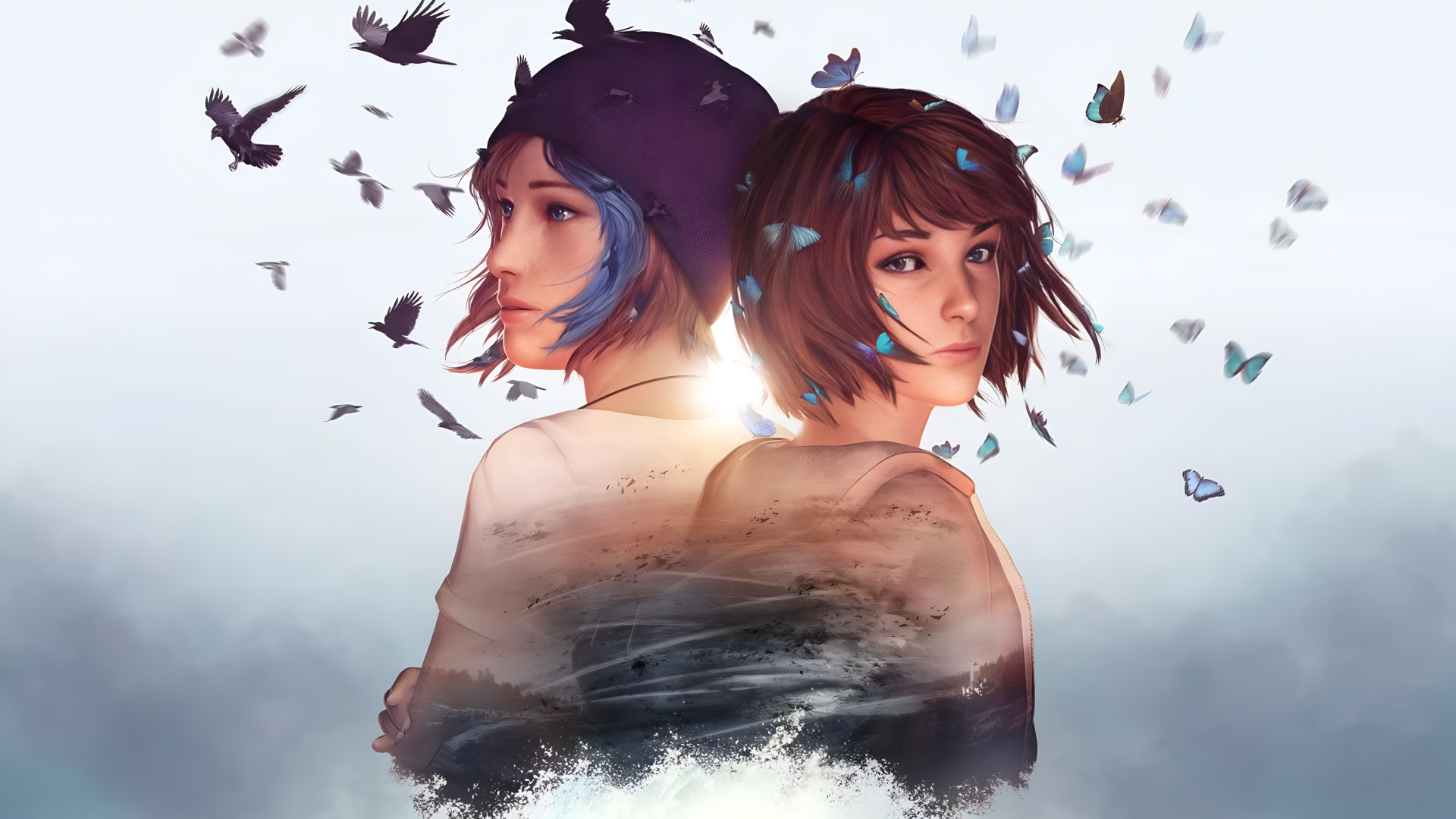 Video game 4K Ultra HD PC desktop wallpaper — Life is Strange: Reunion art of two young women back-to-back, birds and butterflies swirling around them in soft painterly light.