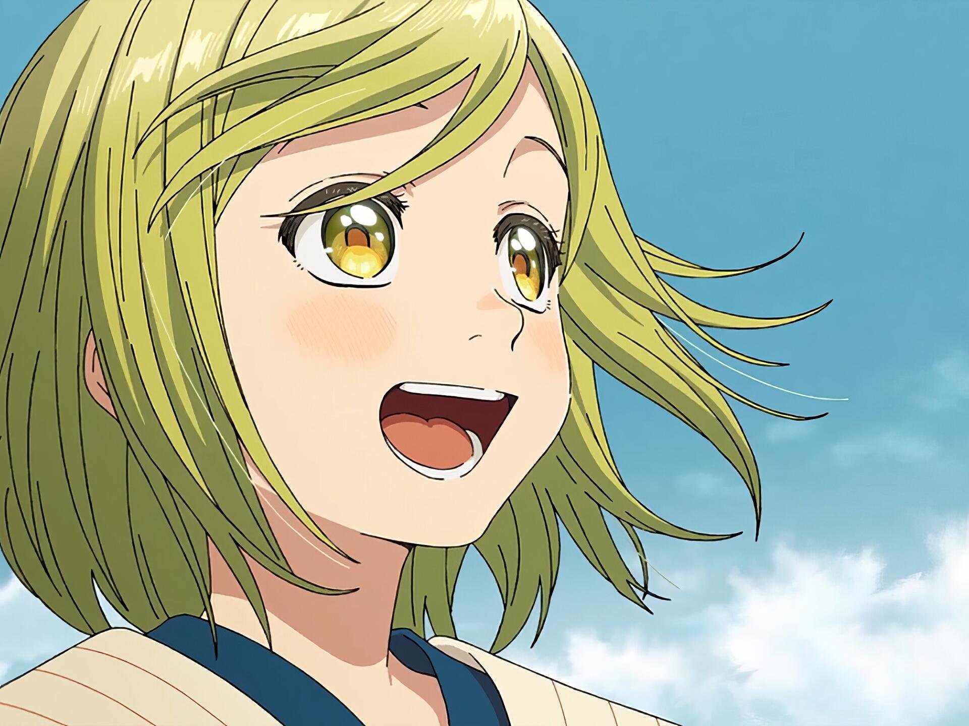 HD PC desktop wallpaper showing Coco from Witch Hat Atelier — an anime close-up of her smiling with windblown hair against a bright blue sky.