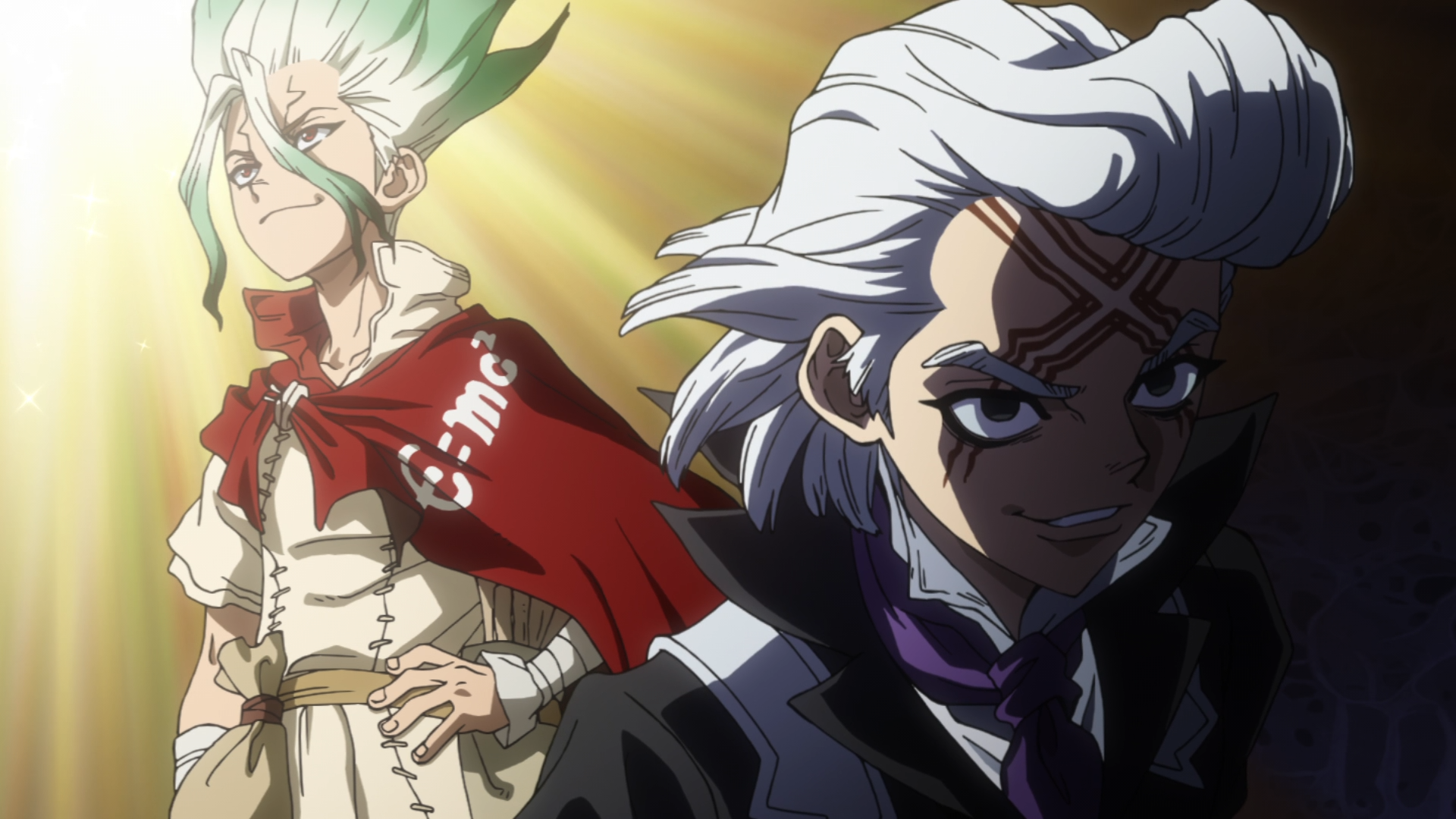 HD PC desktop wallpaper of Dr. Stone’s Senku Ishigami and Dr. Xeno, posed back-to-back with dramatic lighting and intense expressions.