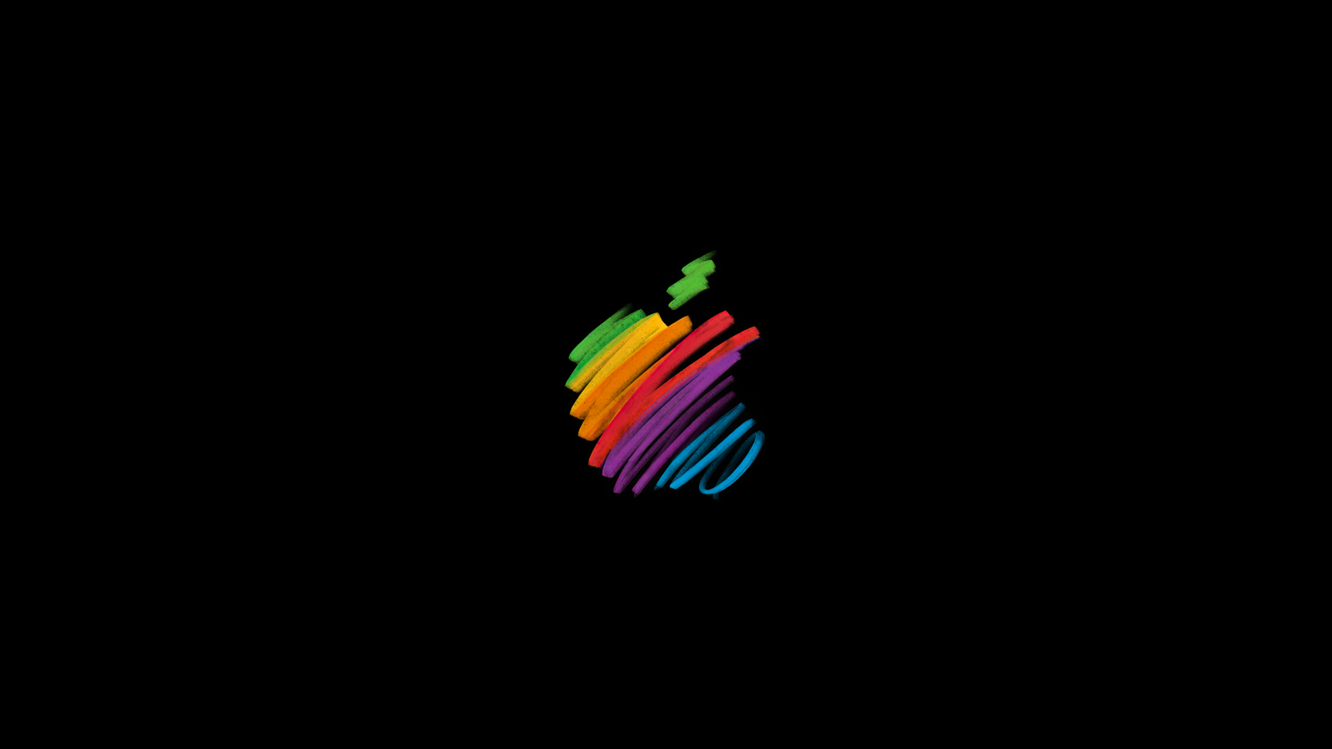 Minimalist black 5K Ultra HD PC desktop wallpaper showing a small, rainbow-streak Apple Inc. logo centered on a solid black background.