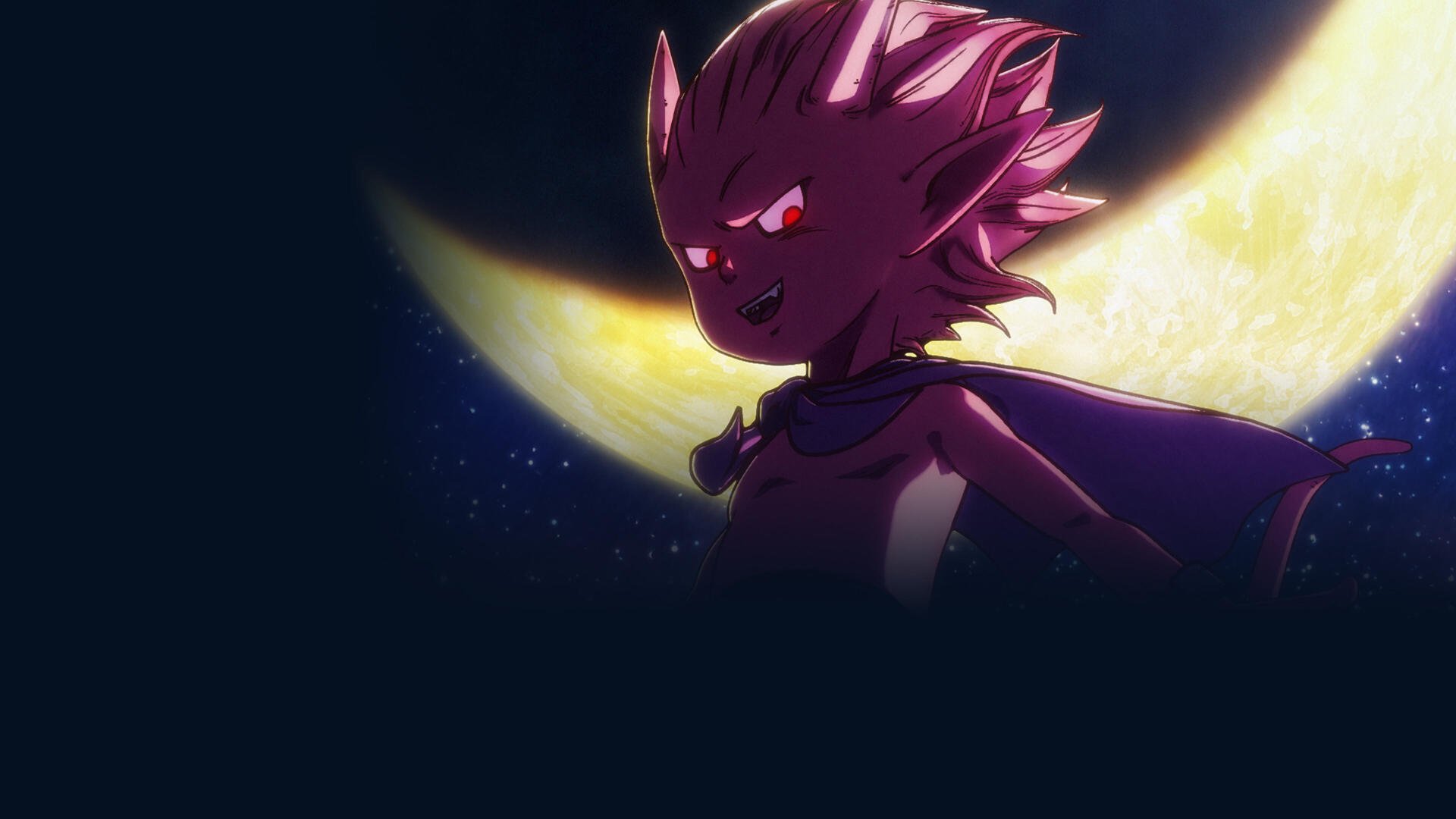 Sand Land 4K Ultra HD PC desktop wallpaper: a mysterious purple, spiky-haired figure with glowing red eyes and flowing cape silhouetted against a bright crescent moon.