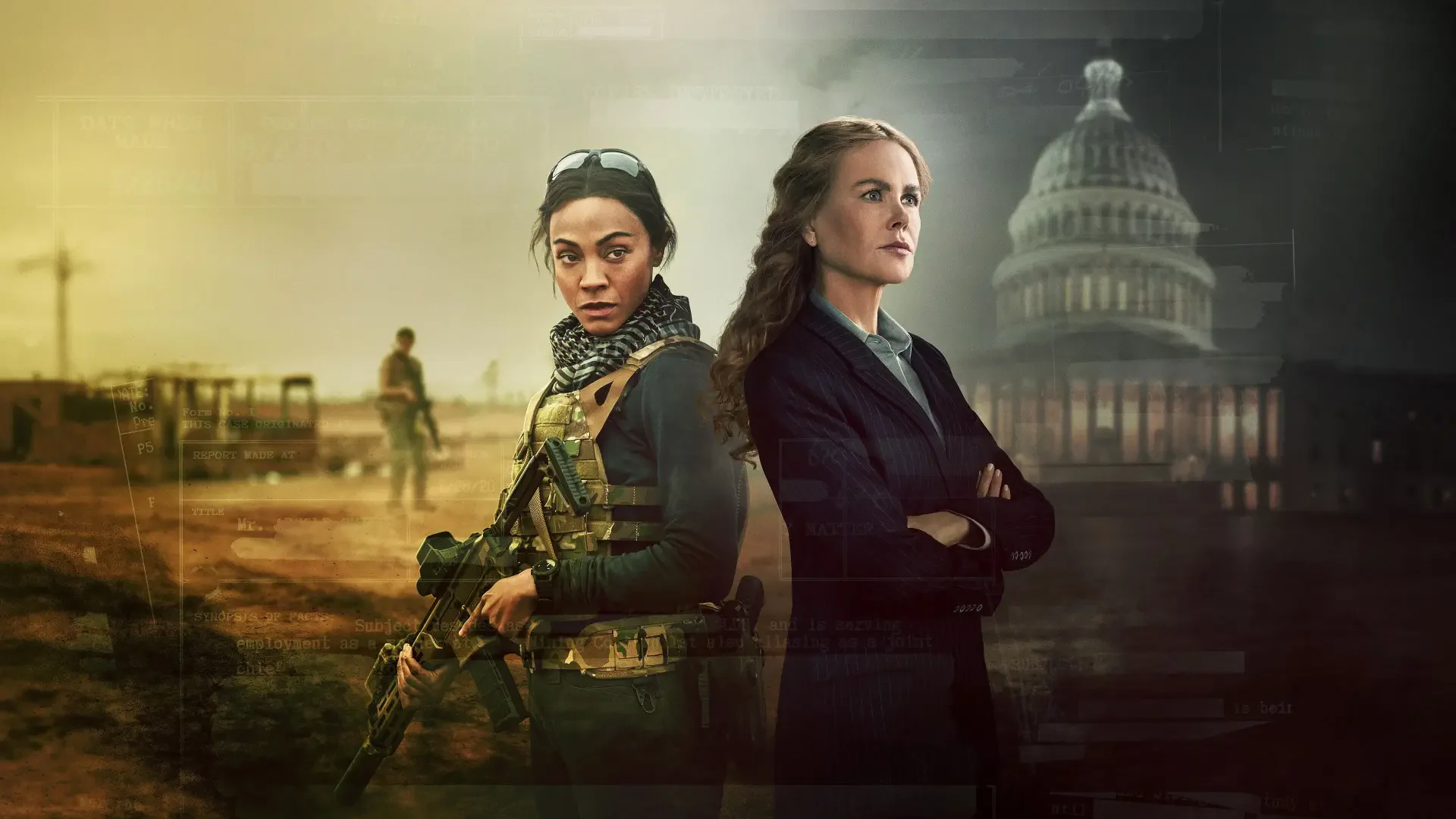 Special Ops: Lioness 4K Ultra HD PC desktop wallpaper and background: two women - one in tactical gear with rifle, one in a suit - stand before a moody skyline and the U.S. Capitol.