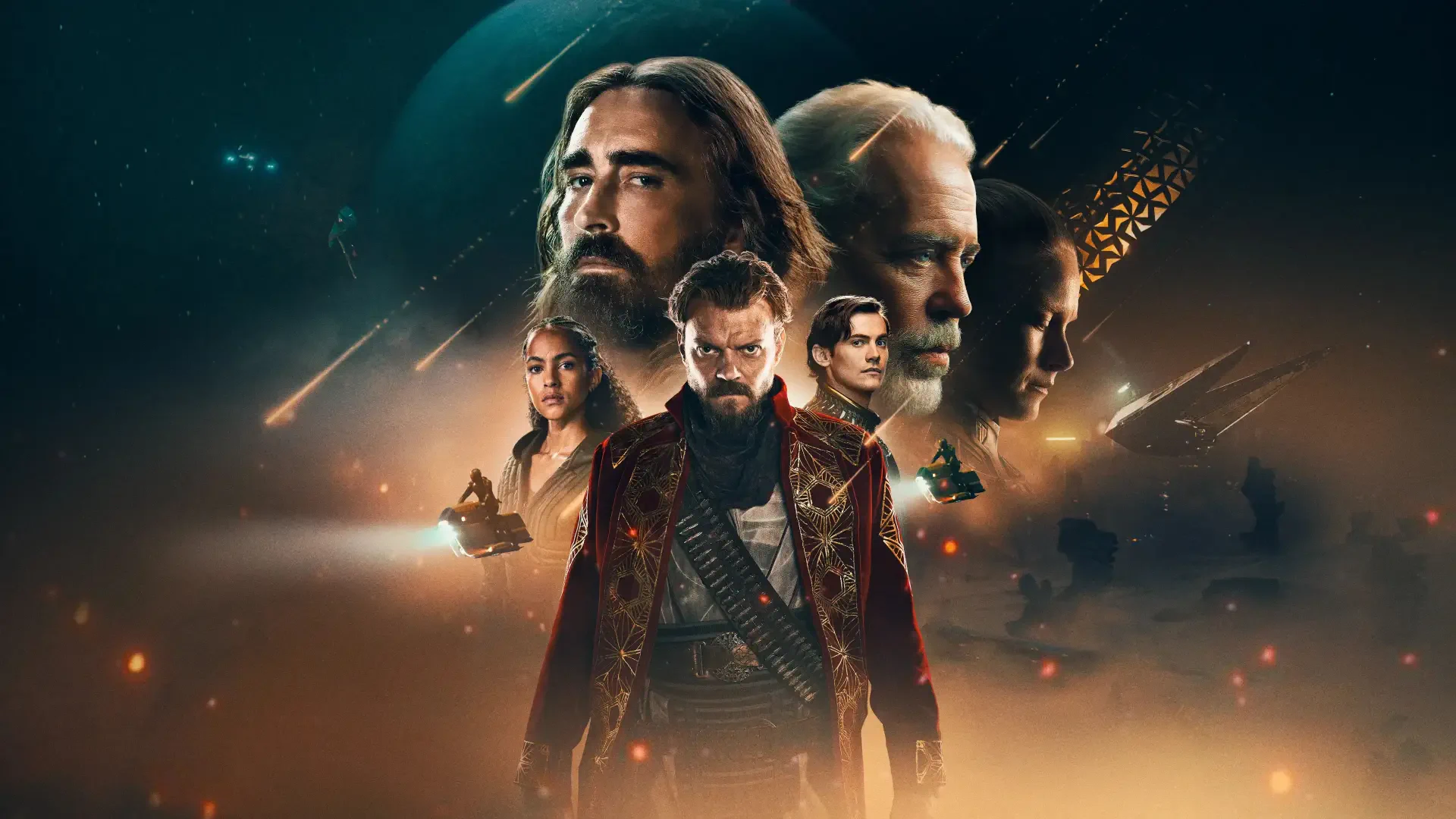 Foundation 4K Ultra HD PC desktop wallpaper: dramatic ensemble of sci‑fi characters in ornate costumes against a glowing, star-filled cosmic skyline with ships and streaking light trails.