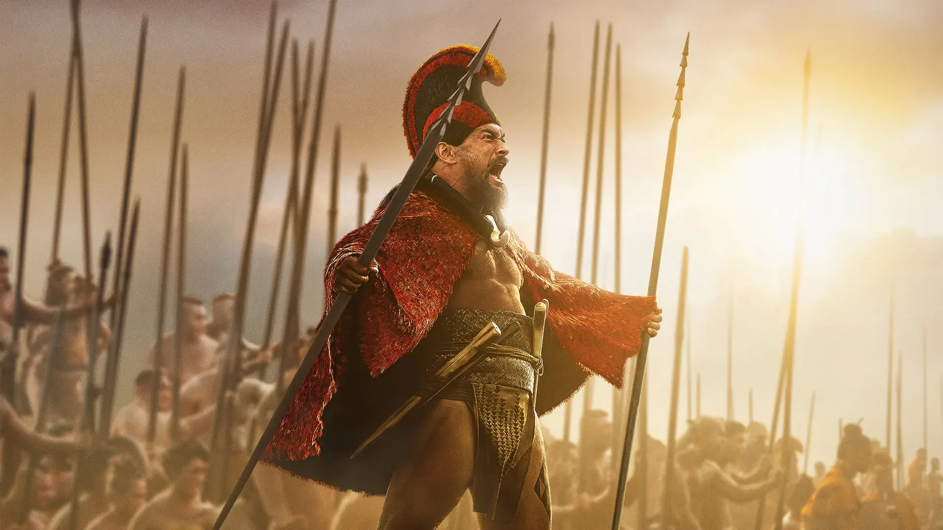 Chief of War: armored war chief in red cloak and plumed helmet leads a phalanx of spear-wielding soldiers at sunrise — dramatic 4K Ultra HD PC desktop wallpaper background.