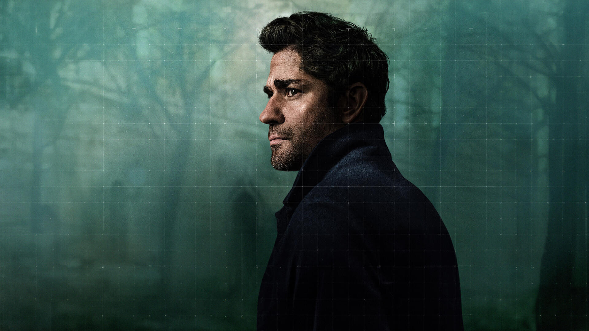 4K Ultra HD PC desktop wallpaper and background: brooding Jack Ryan in profile, dark coat against a misty green forest backdrop.