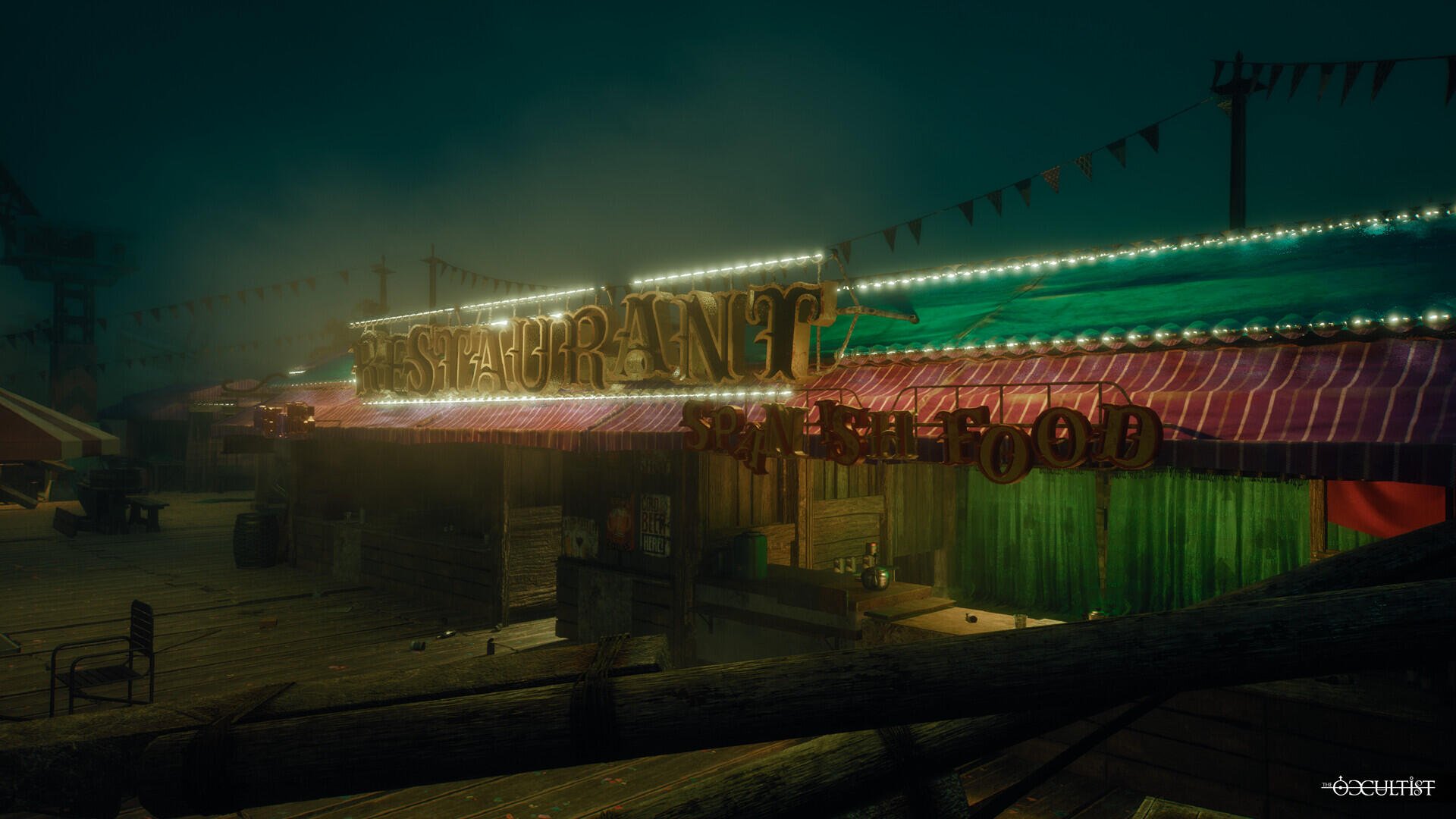 Foggy, neon-lit roadside restaurant at night with green and red glow; The Occultist HD PC desktop wallpaper and background, moody and deserted.