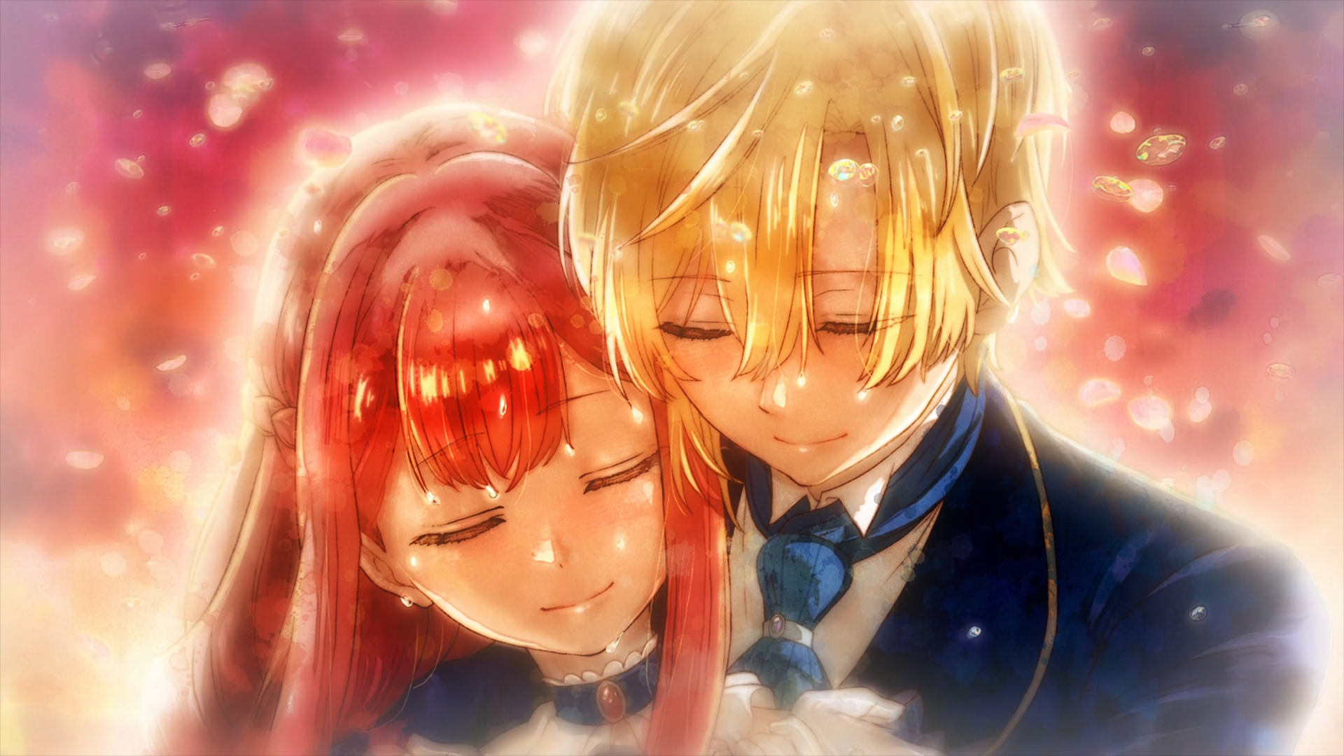 HD PC anime wallpaper from An Observation Log of My Fiancée Who Calls Herself a Villainess: Bertia Ibil Noches and Cecil Glo Alphasta embrace, eyes closed, warm glowing bokeh background.