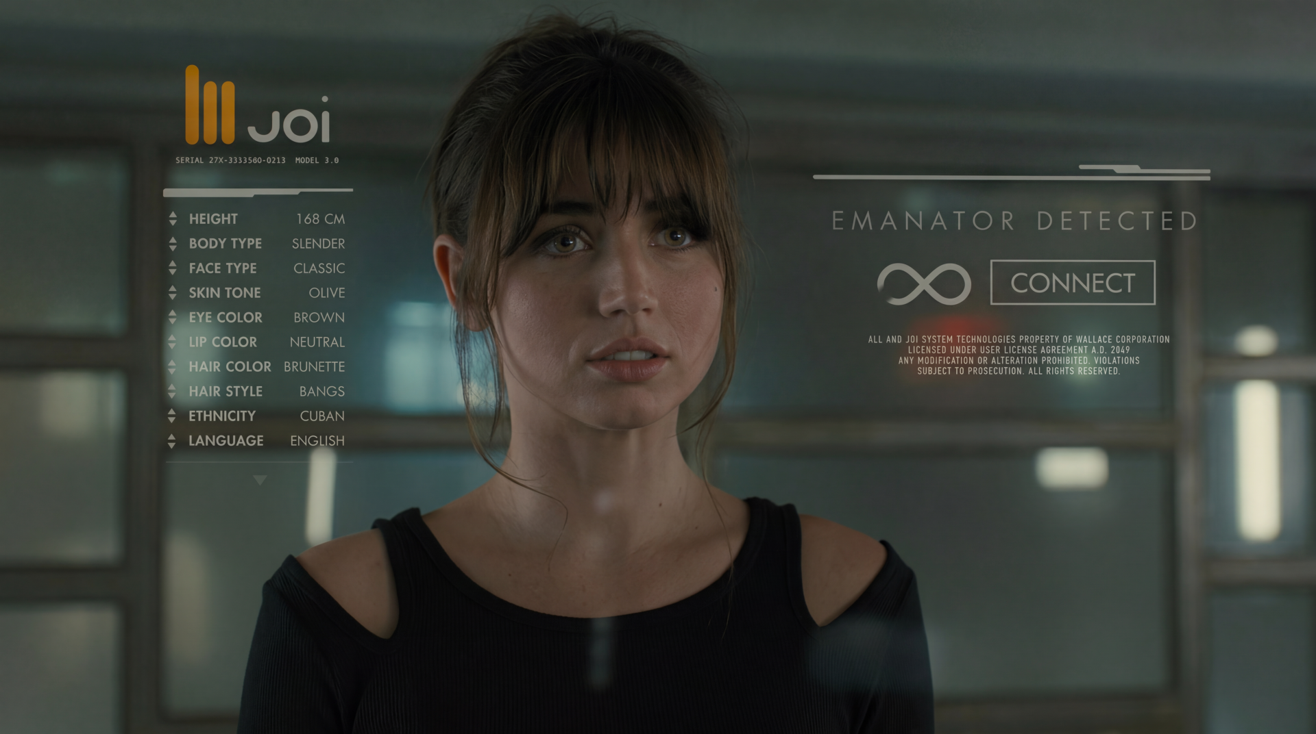 Joi from Blade Runner 2049 — cyberpunk close-up of the holographic android with diagnostic HUD overlay, 5K Ultra HD PC desktop wallpaper and background.