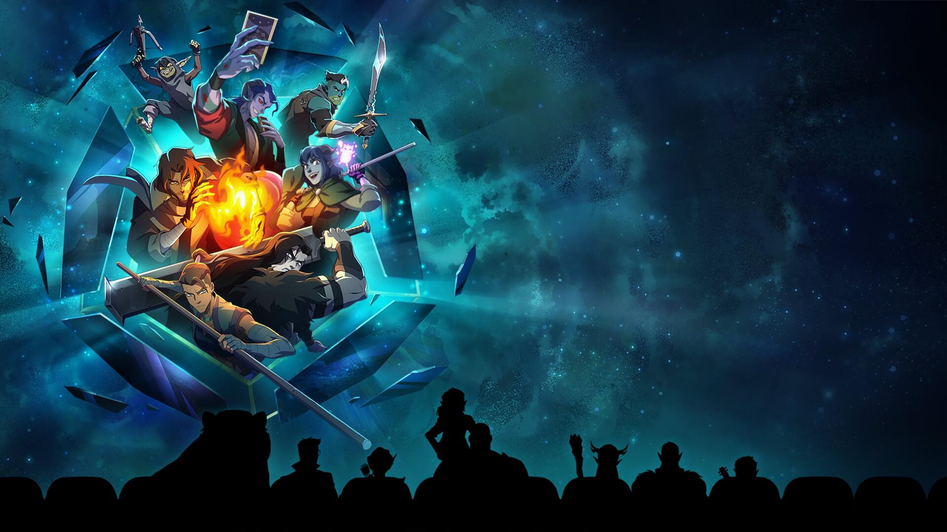 4K Ultra HD PC desktop wallpaper: a fiery-armored hero and companions bursting from a crystalline portal into a teal starfield, silhouetted crowd along the bottom.