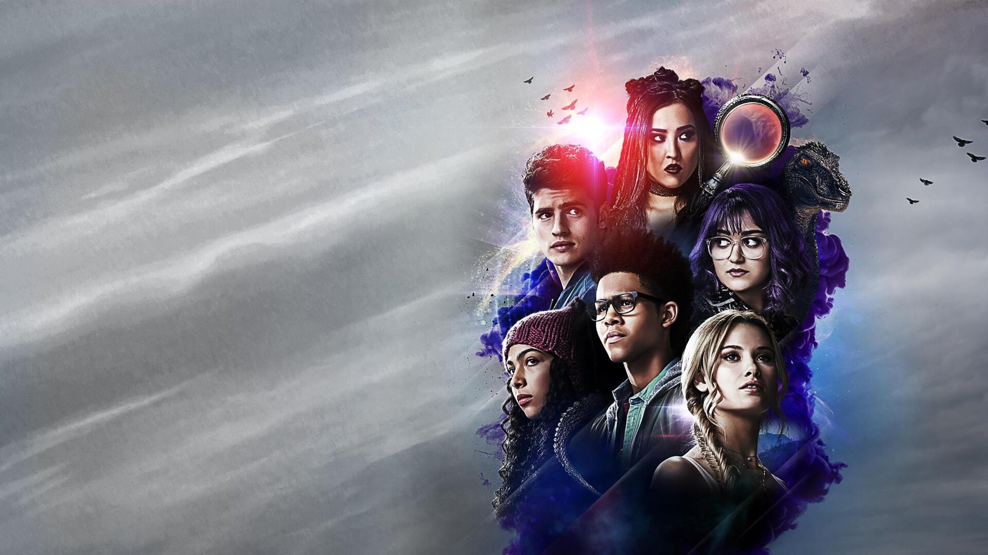 2K Quad HD PC desktop wallpaper: Runaways (TV Show) portrait collage of seven characters clustered with colored light effects against a moody gray sky backdrop.