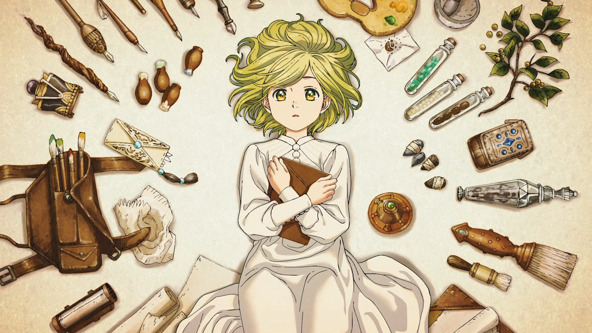 Anime HD PC wallpaper of Coco (Witch Hat Atelier): Coco lies on parchment, arms crossed, surrounded by brushes, vials, spell tools and herbs.