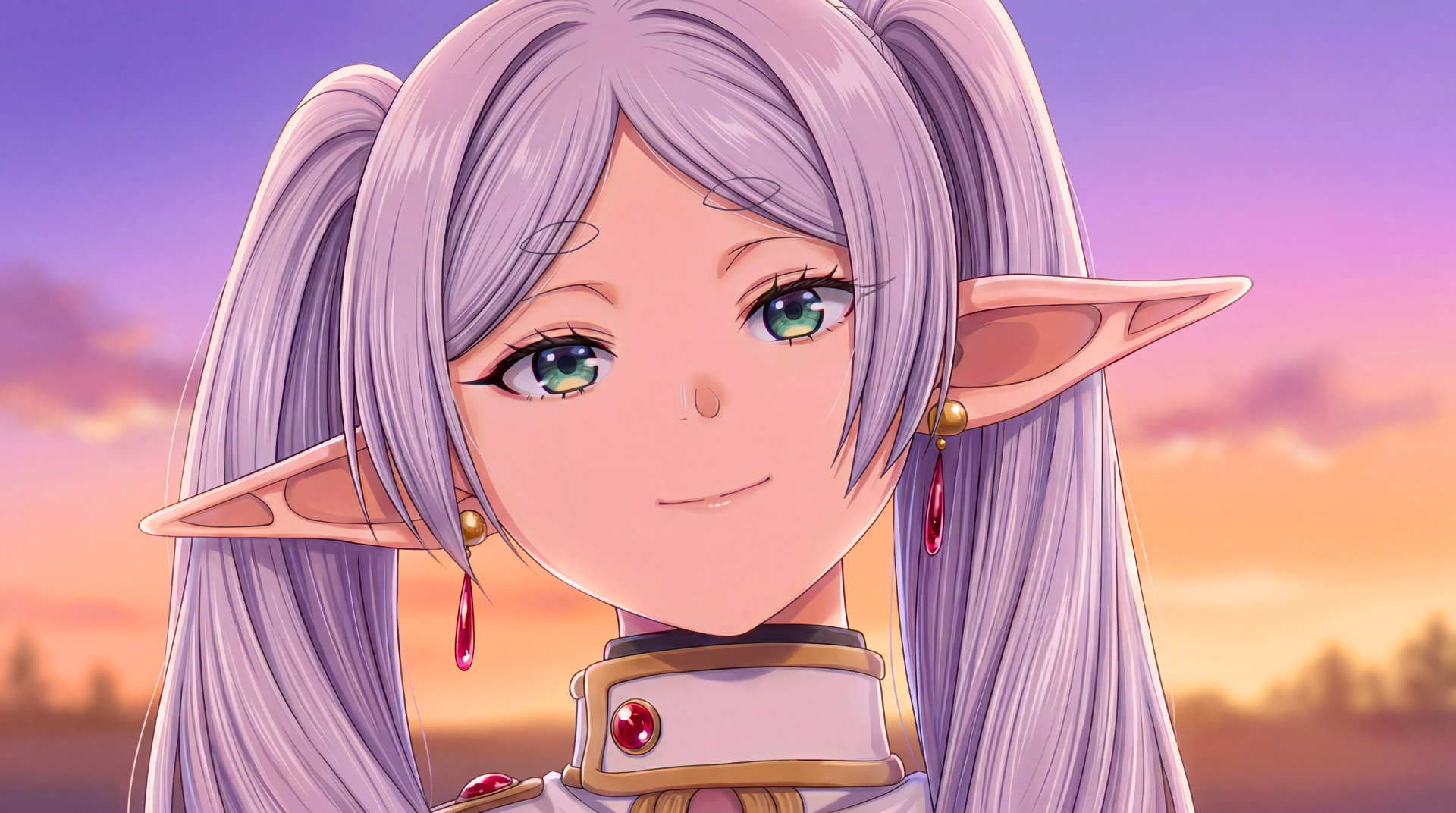 Frieren: Beyond Journey's End elf mage anime girl with lavender twin-tails and gem choker, smiling against a sunset — 5K Ultra HD PC desktop wallpaper background.