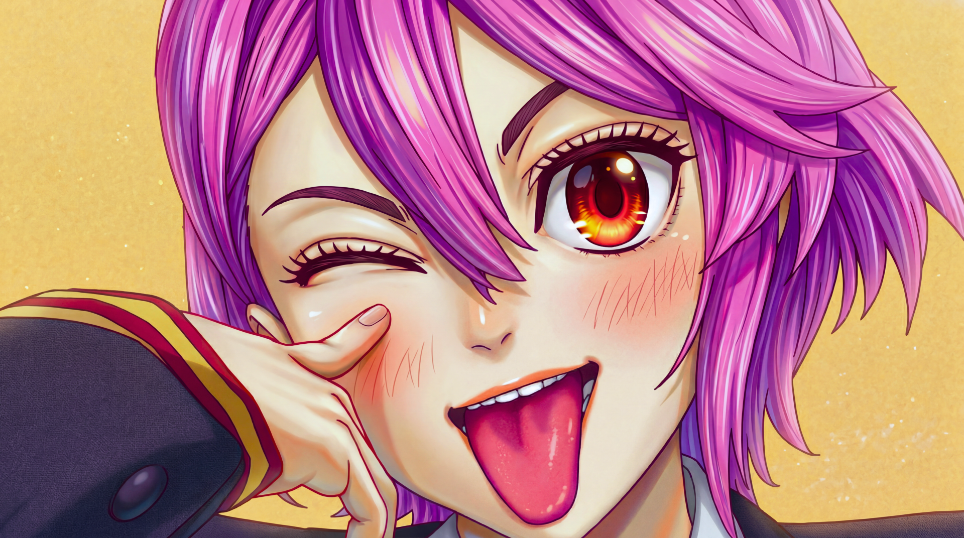 5K Ultra HD PC wallpaper of Aira Shiratori (Dandadan): cute pink‑haired anime girl winking and sticking out her tongue in a playful close-up.