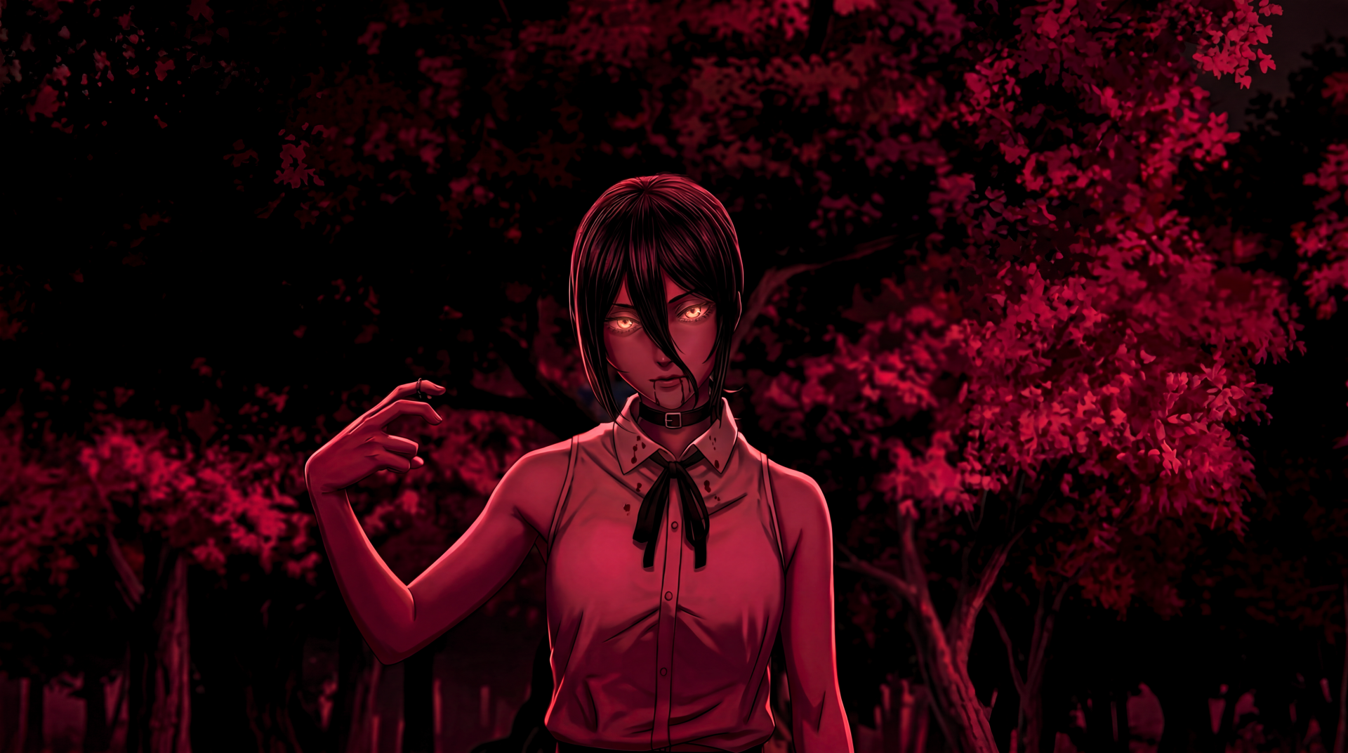 Sinister Reze from Chainsaw Man as an anime girl devil with glowing eyes, menacing pose against a blood-red forest — 5K Ultra HD PC wallpaper