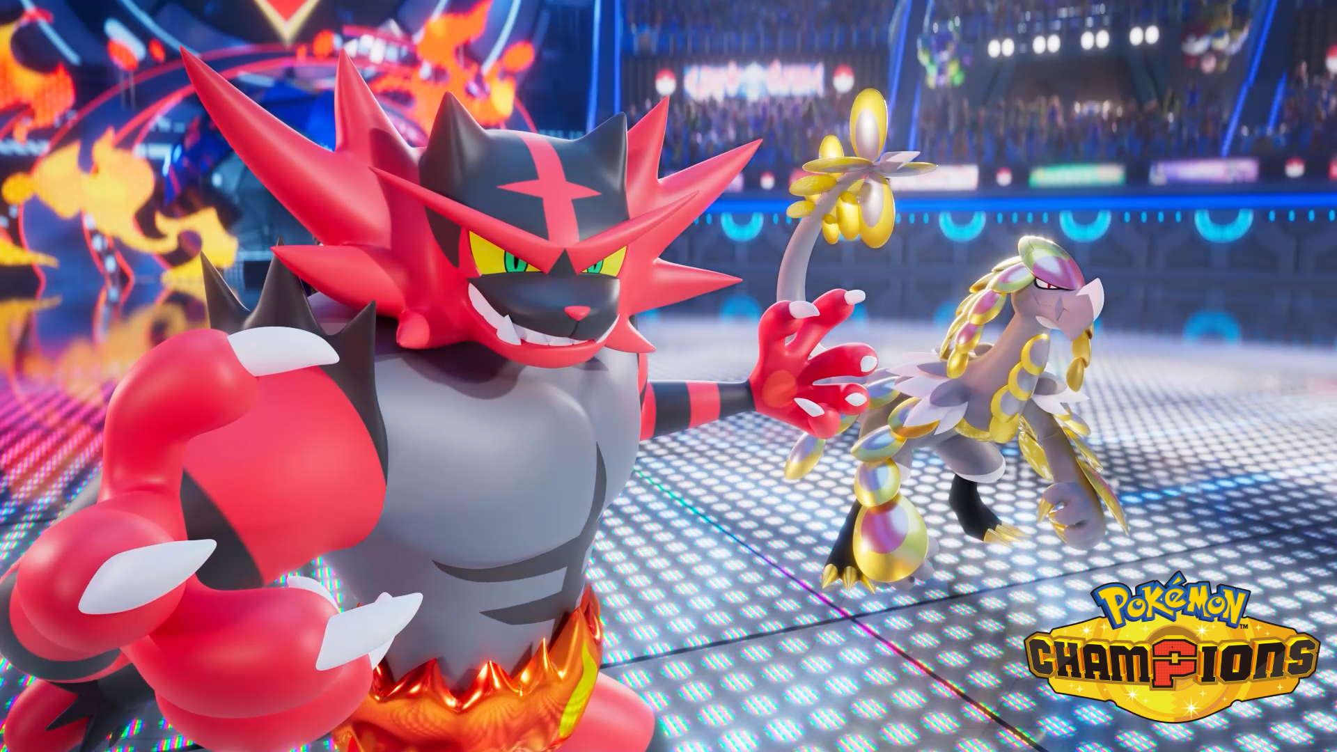 HD PC desktop wallpaper from the video game Pokémon Champions: Incineroar roars in the foreground while Kommo-o prepares an attack in a glowing stadium arena.