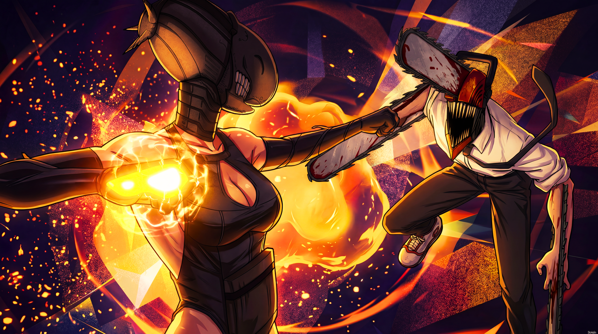 5K Ultra HD PC wallpaper: Chainsaw Man anime battle — Reze (Chainsaw Man) attacks Denji (Chainsaw Man) as chainsaw head and explosive energy clash in a fiery cosmic background.