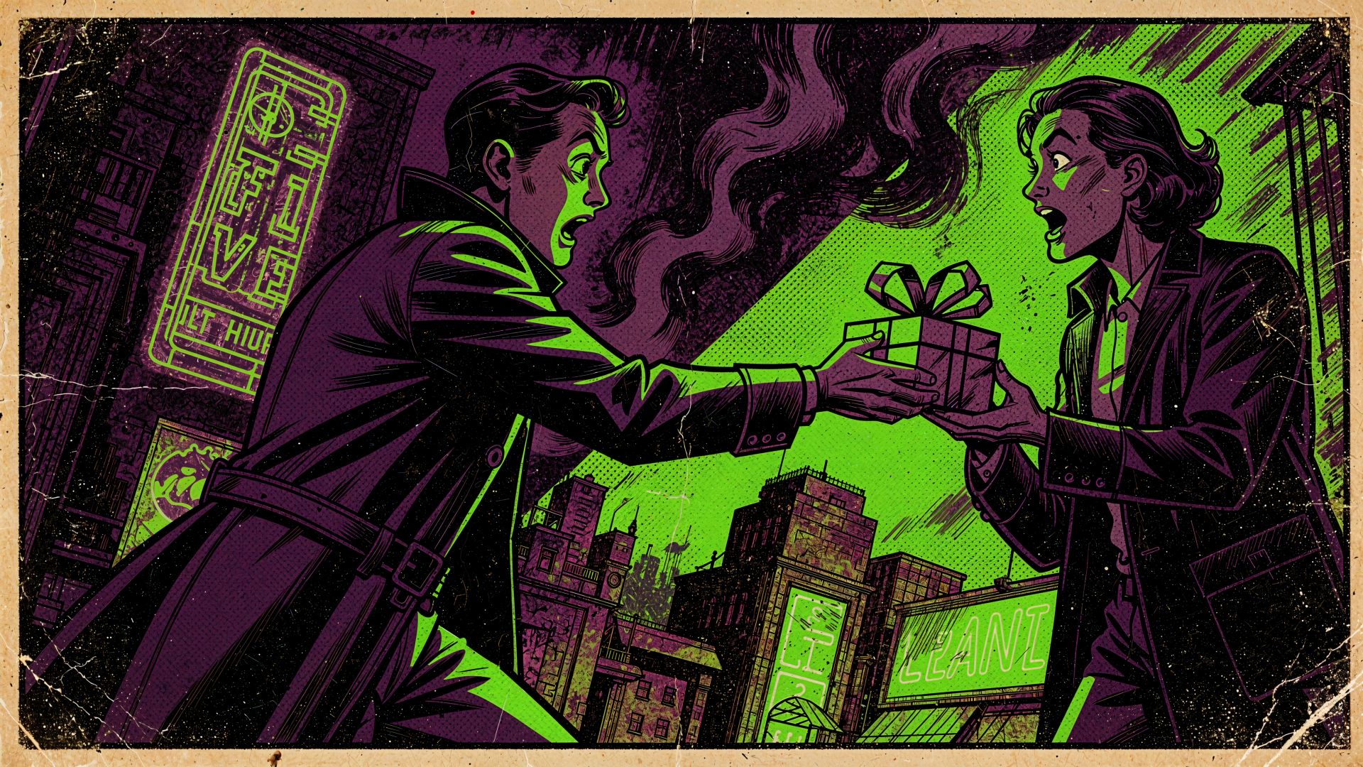 Stylized noir illustration of two suited figures exchanging a glowing wrapped gift amid neon-green smoke and a gritty city skyline — 4K Ultra HD PC desktop wallpaper.