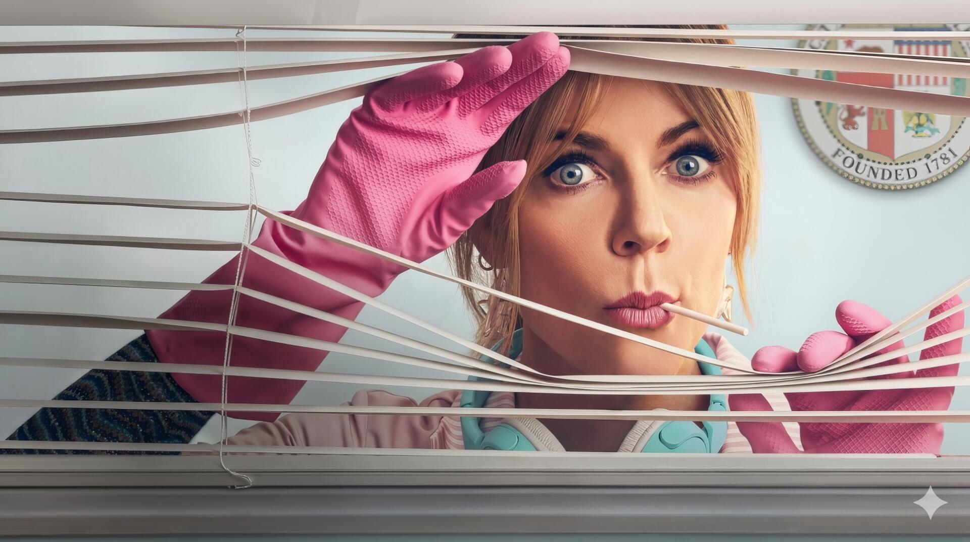 HD PC desktop wallpaper from the TV show High Potential: a surprised woman in pink rubber gloves peeks through blinds, close-up on her wide, expressive eyes.