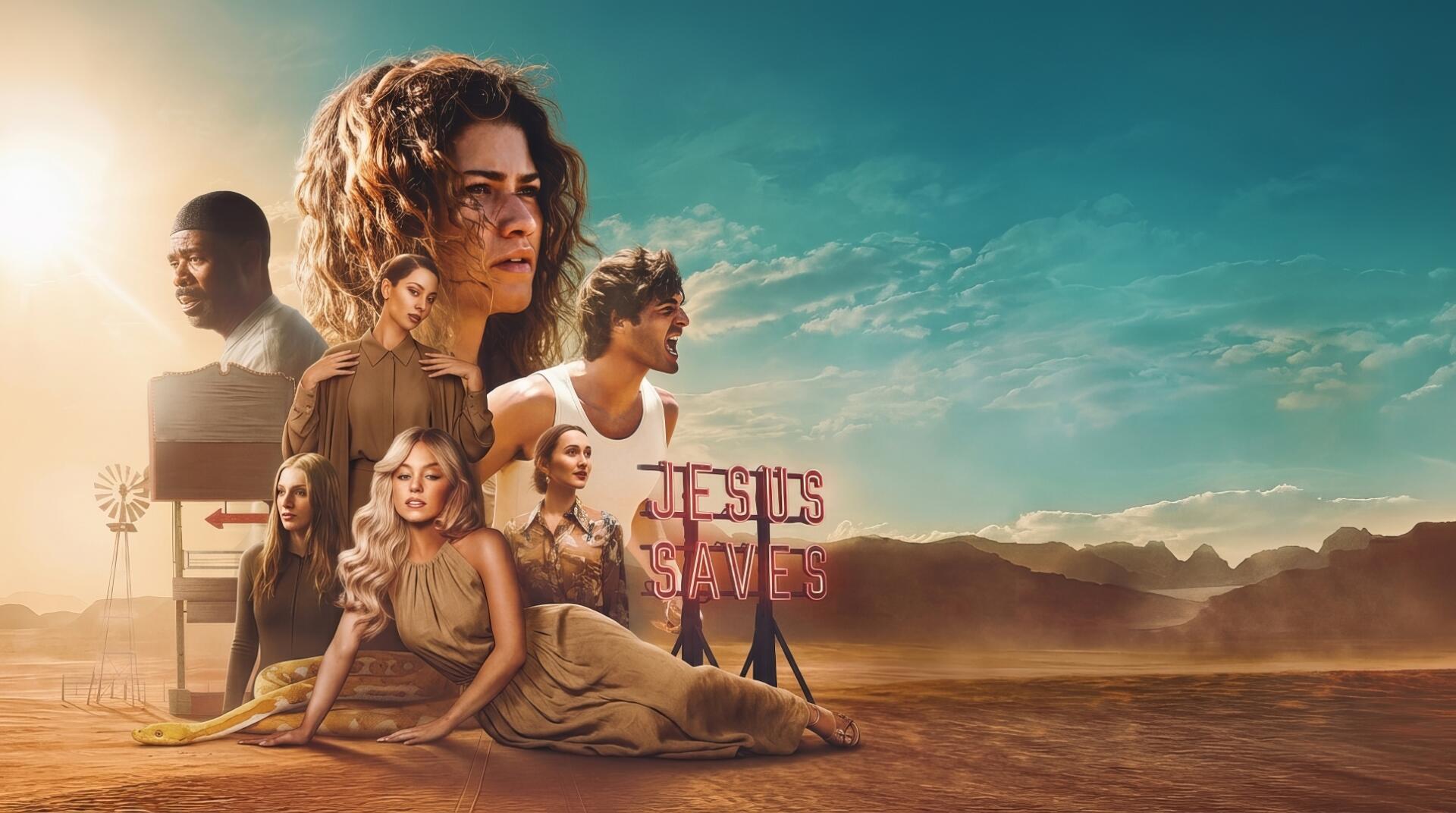 HD PC desktop wallpaper for the TV show Euphoria — moody desert scene under a teal sky with several posed characters and a central young woman gazing forward.