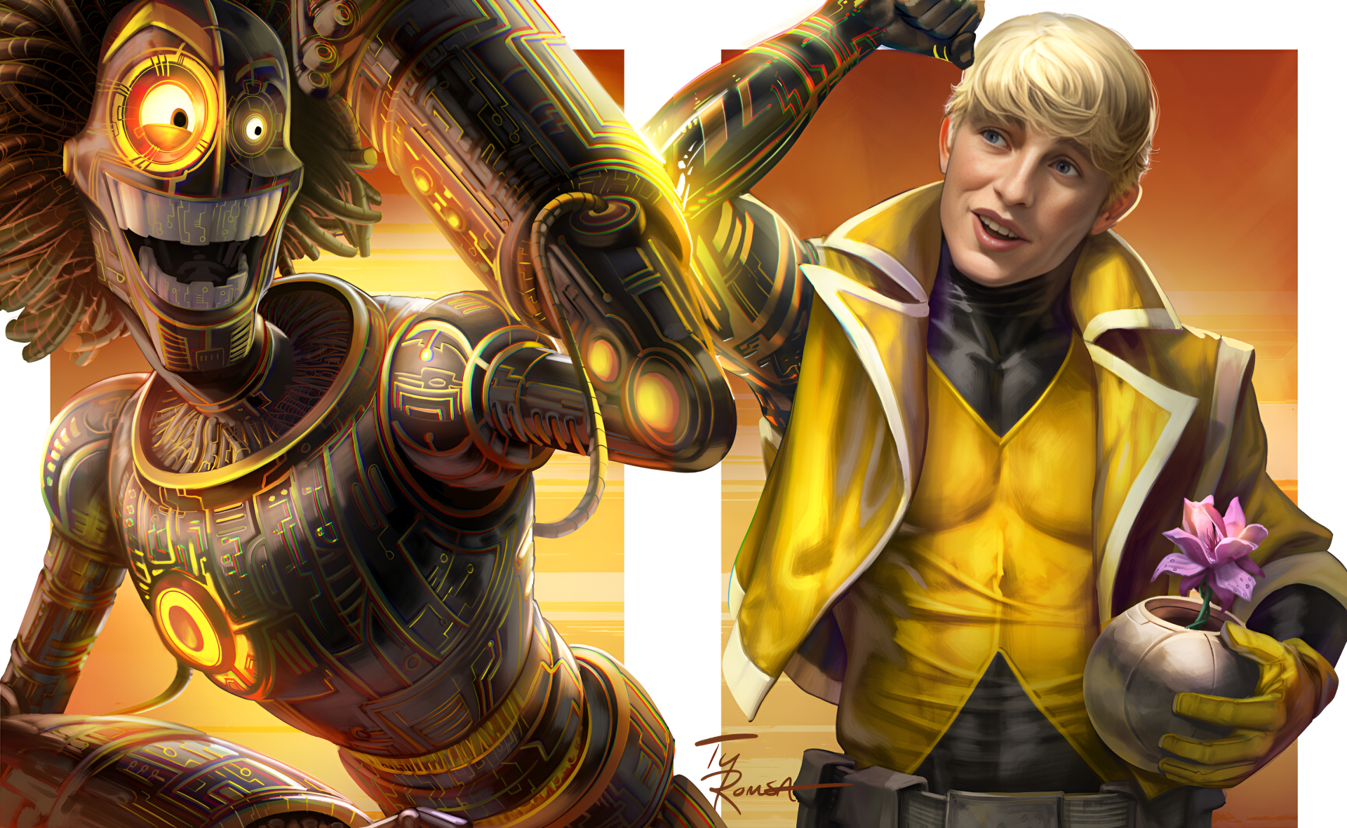 2K Quad HD wallpaper digital painting of Marvel Comics' New Mutants: Warlock (Marvel Comics) and Cypher (Marvel Comics), golden techno Warlock and Cypher in a yellow jacket.