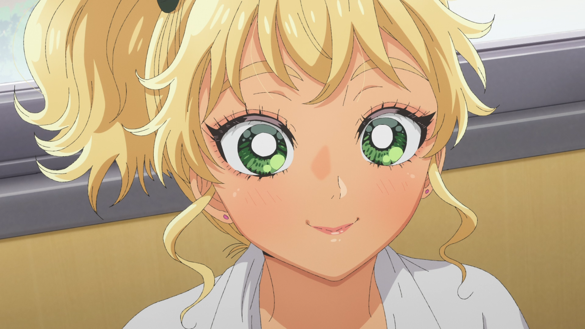 HD PC desktop wallpaper of Kotoko Ijichi from the anime Gals Can't Be Kind to Otaku!? — close-up smiling blonde with bright green eyes and twin pigtails.