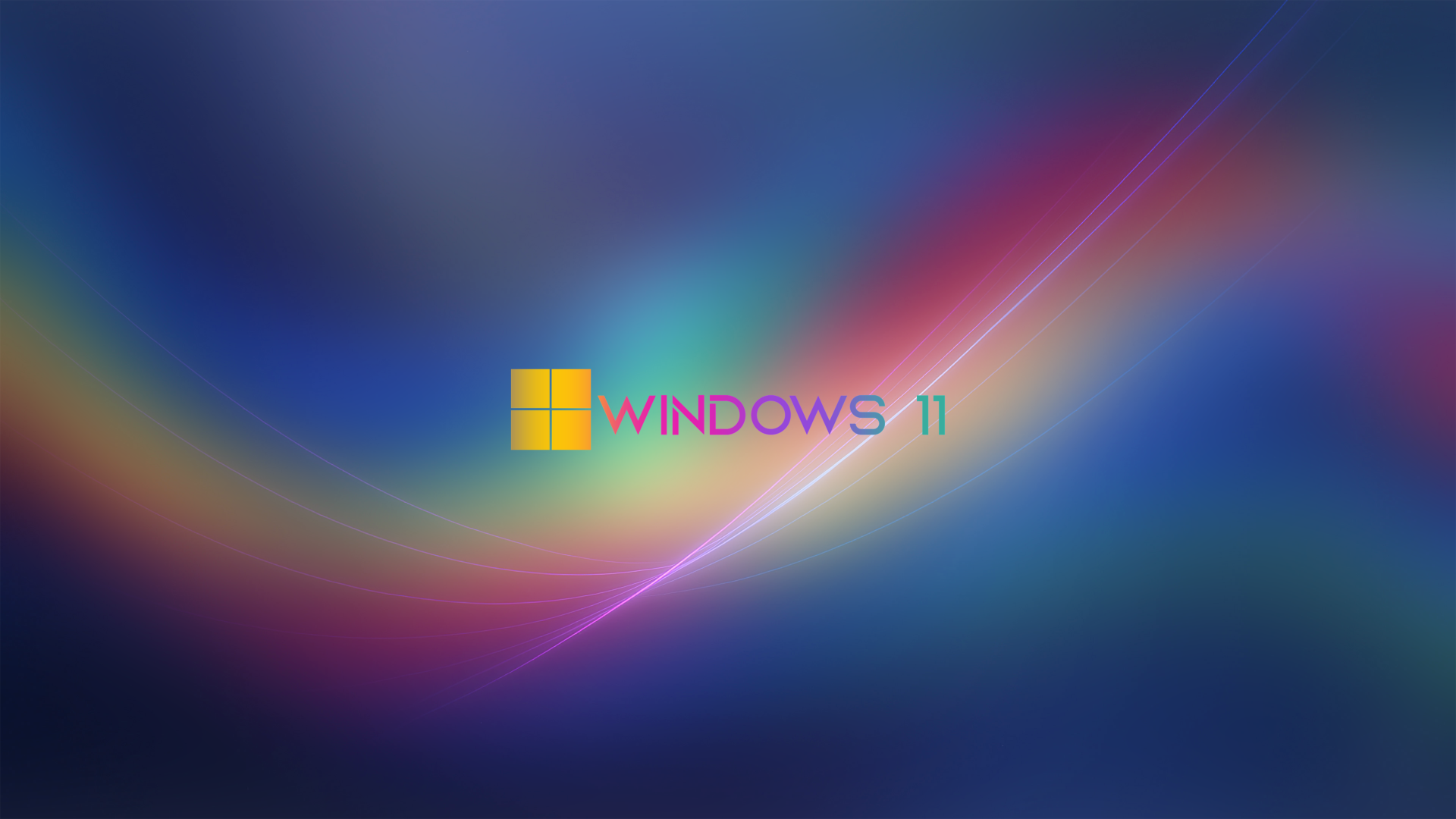 5K Ultra HD Windows 11 desktop wallpaper: glowing multicolor abstract curves sweep across a deep blue background with the Windows 11 logo centered.