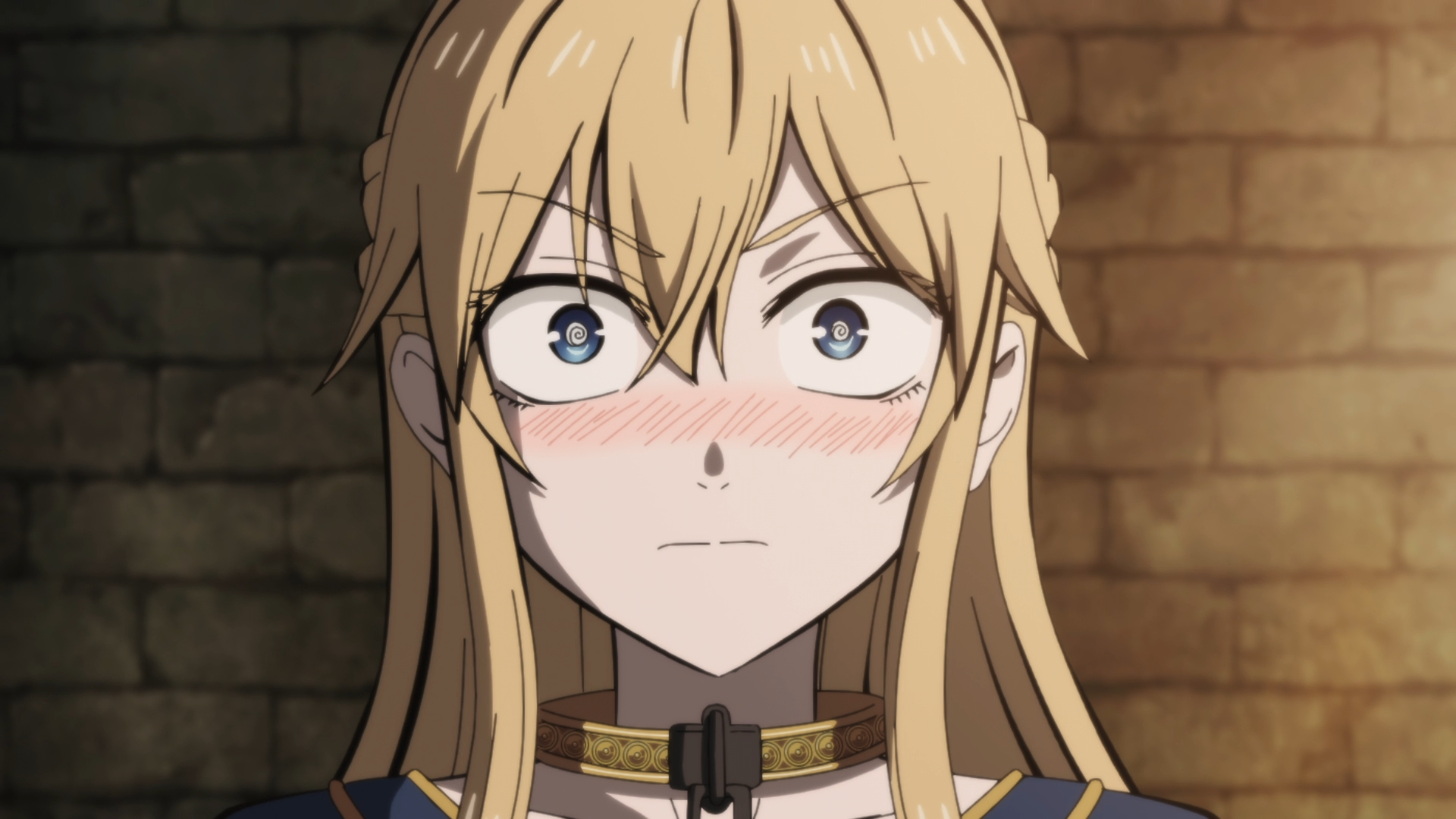 Anime HD PC desktop wallpaper of Serafina de Lavillant (The Warrior Princess and the Barbaric King) — close-up, flushed, wide-eyed blonde with choker against a brick wall background.