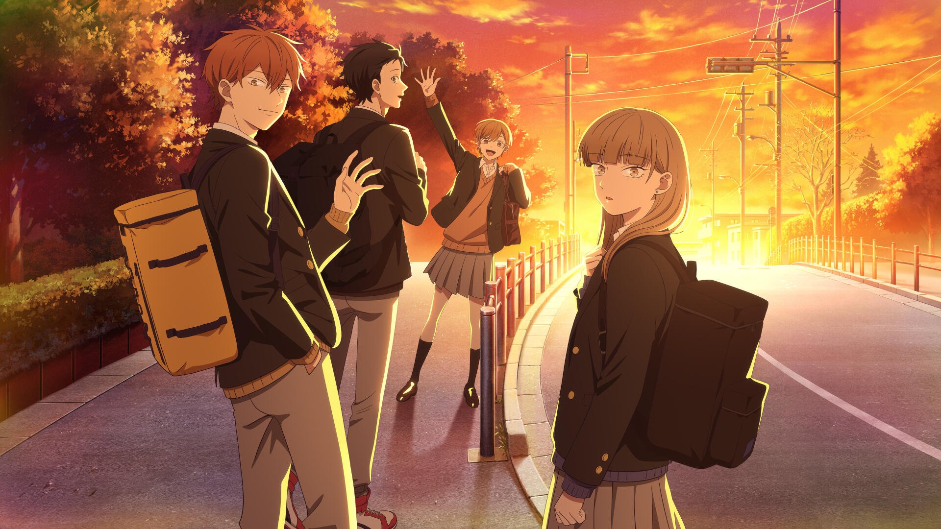 Anime 4K Ultra HD PC wallpaper: The Ramparts of Ice — Koyuki Hikawa, Minato Amamiya and Youta Hino with a friend walking a sunlit road in school uniforms and backpacks.