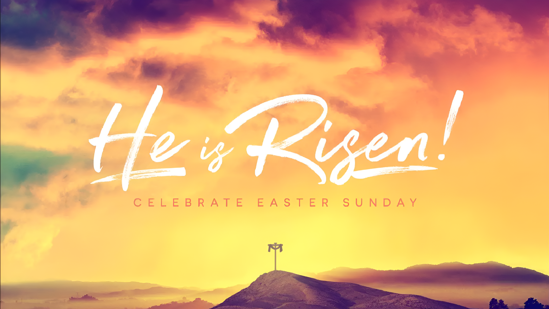 2K Quad HD PC desktop wallpaper: religious Easter holiday scene—dramatic sunrise over a hill with silhouetted cross and bold script He Is Risen!