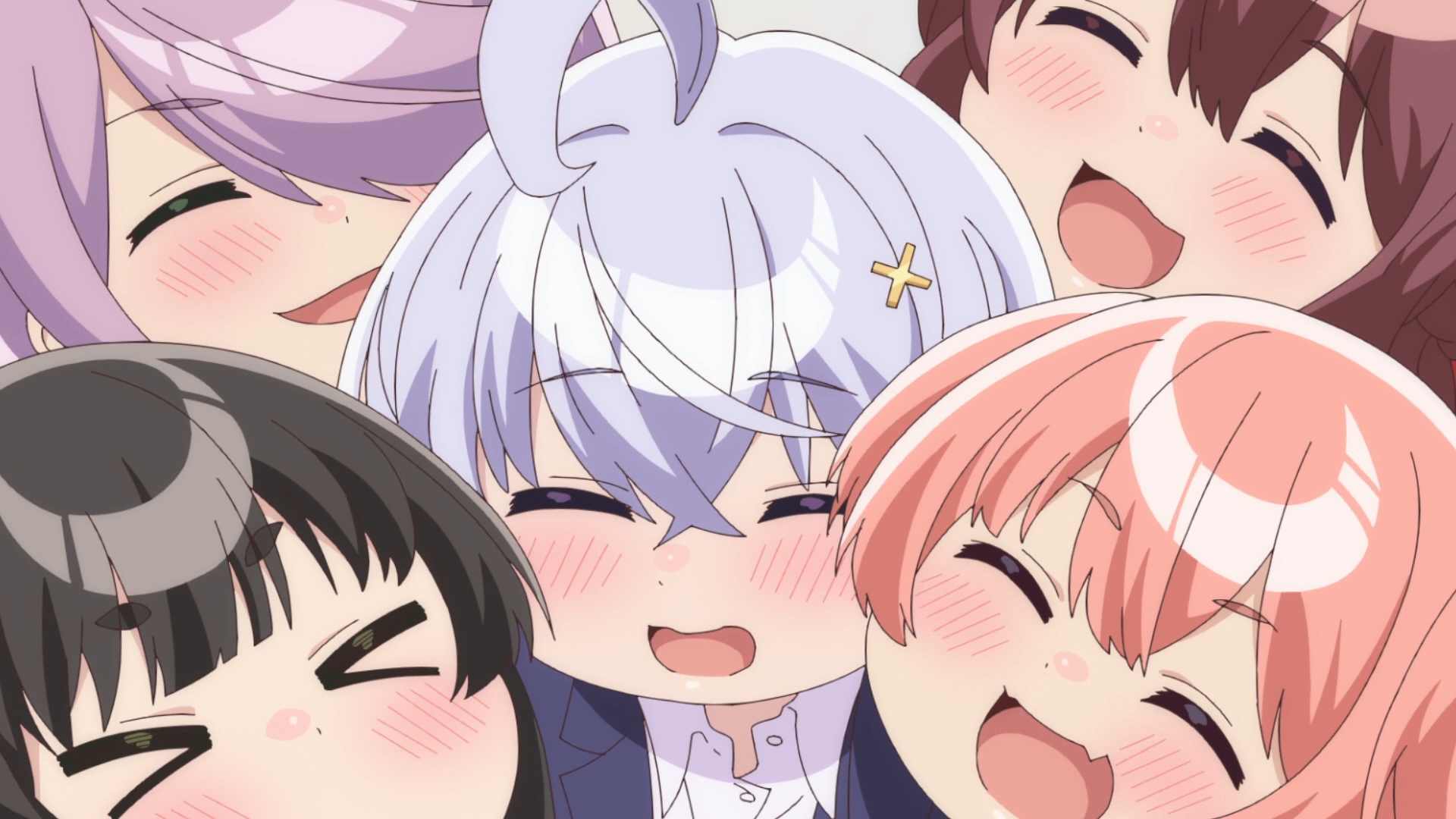 Anime Yowayowa Sensei HD PC desktop wallpaper of five blushing, smiling characters — a white-haired central figure with a star clip surrounded by four joyful classmates in a close group.