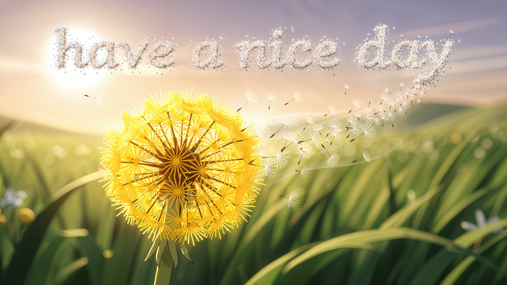 4K Ultra HD PC desktop wallpaper: sunlit close-up dandelion releasing seeds that drift into the words have a nice day above a rolling grassy field.