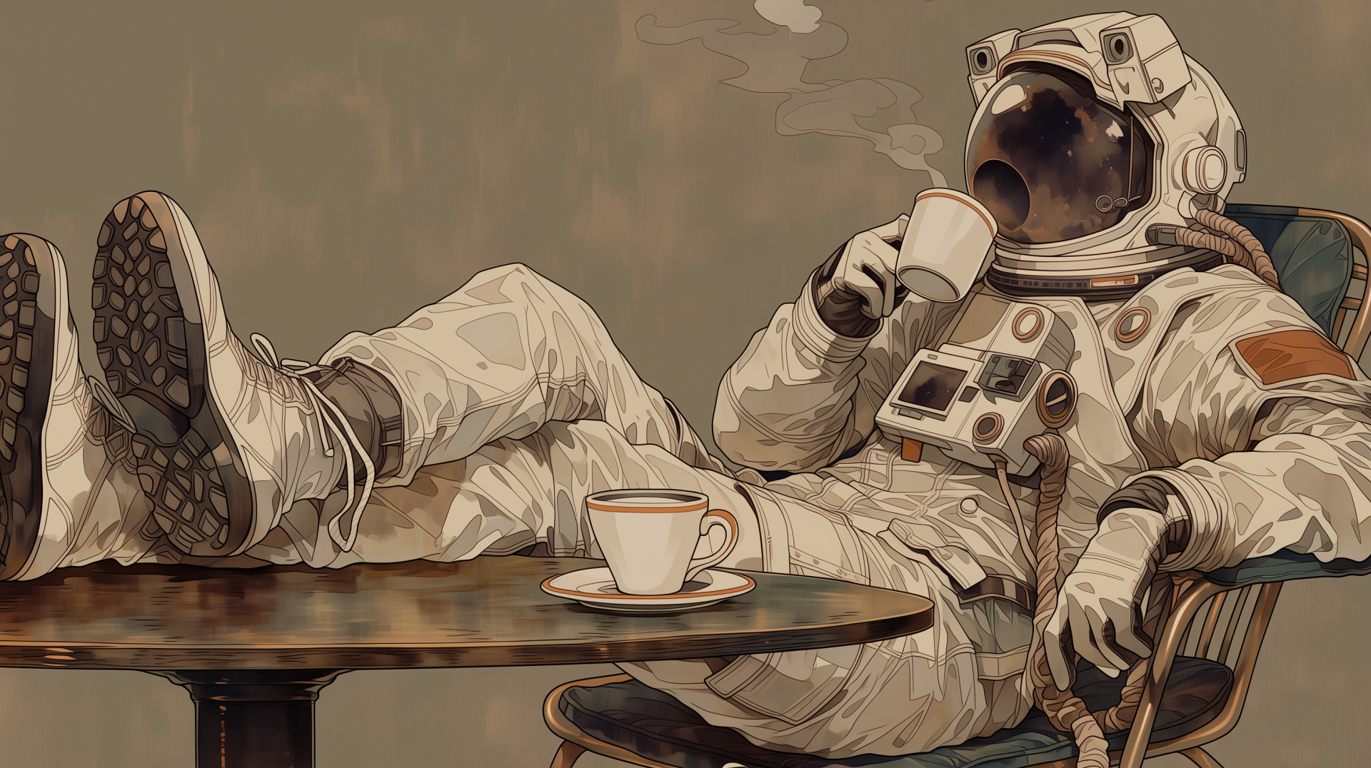 AI art 2K Quad HD PC desktop wallpaper: a chill-vibe astronaut lounging with boots on a table, sipping coffee from a mug.