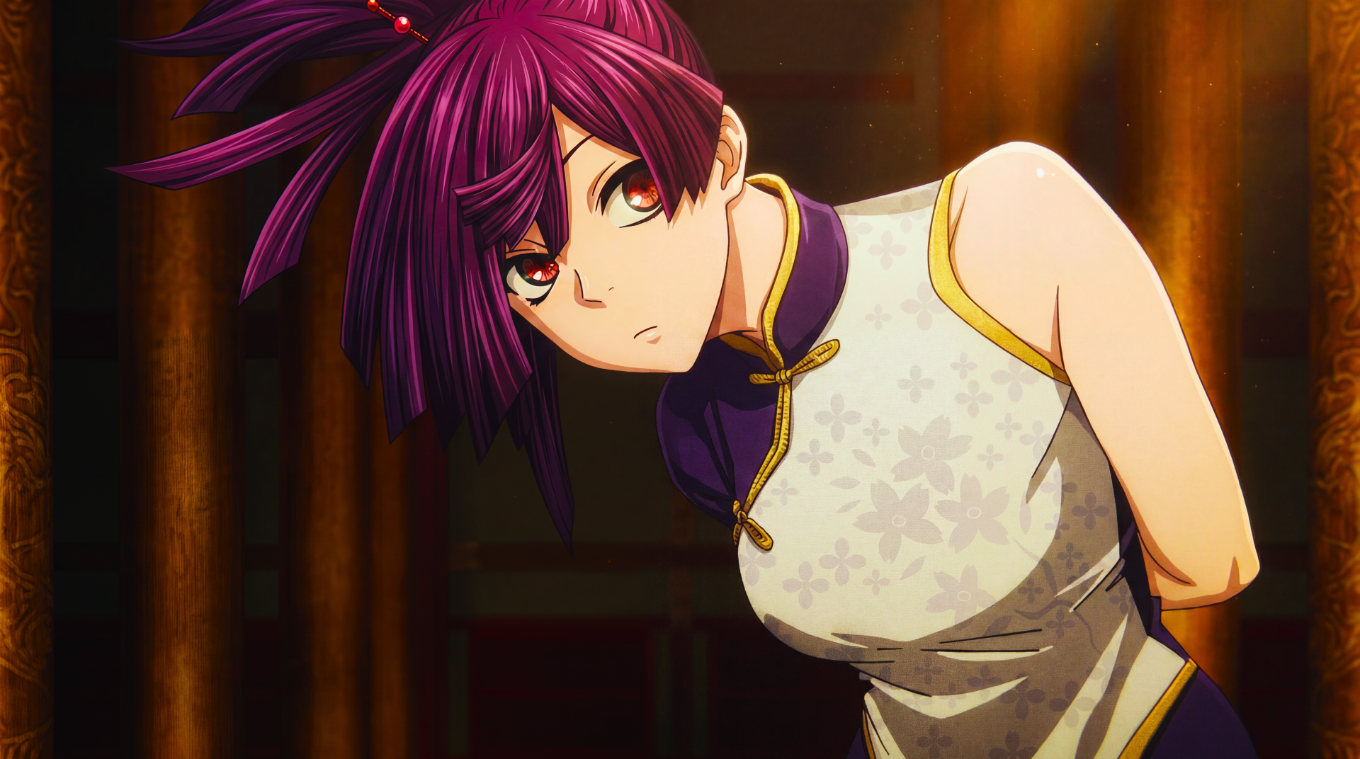 Yuzuriha (Hell's Paradise), purple-haired anime girl leaning forward in a white cheongsam — 5K Ultra HD PC desktop wallpaper and background.